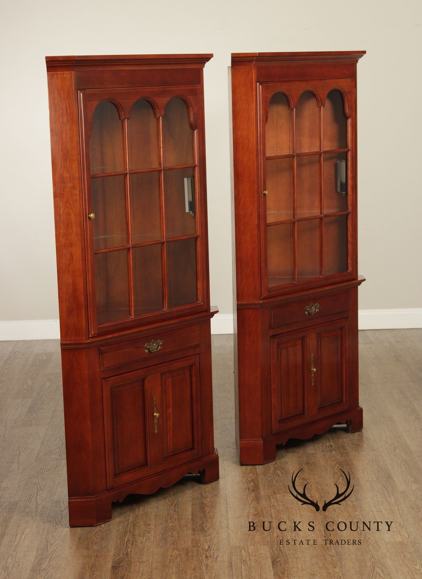 J.B. Van Sciver Traditional Pair Of Cherry Lighted Corner Cabinets