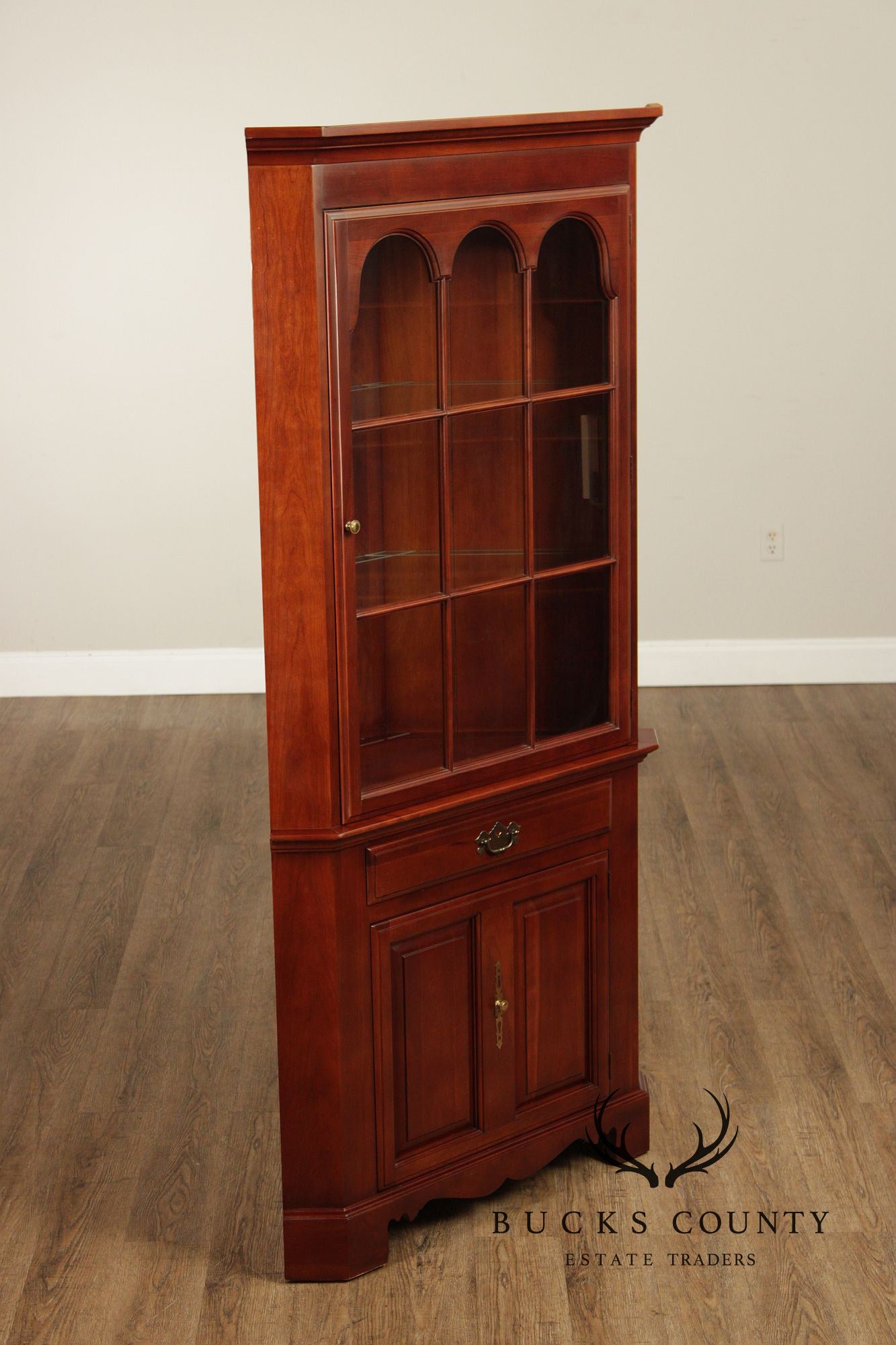 J.B. Van Sciver Traditional Pair Of Cherry Lighted Corner Cabinets