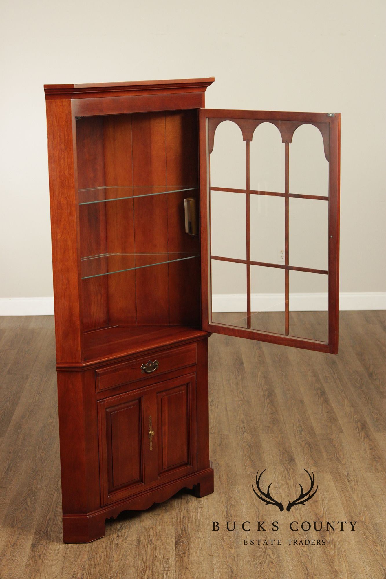 J.B. Van Sciver Traditional Pair Of Cherry Lighted Corner Cabinets