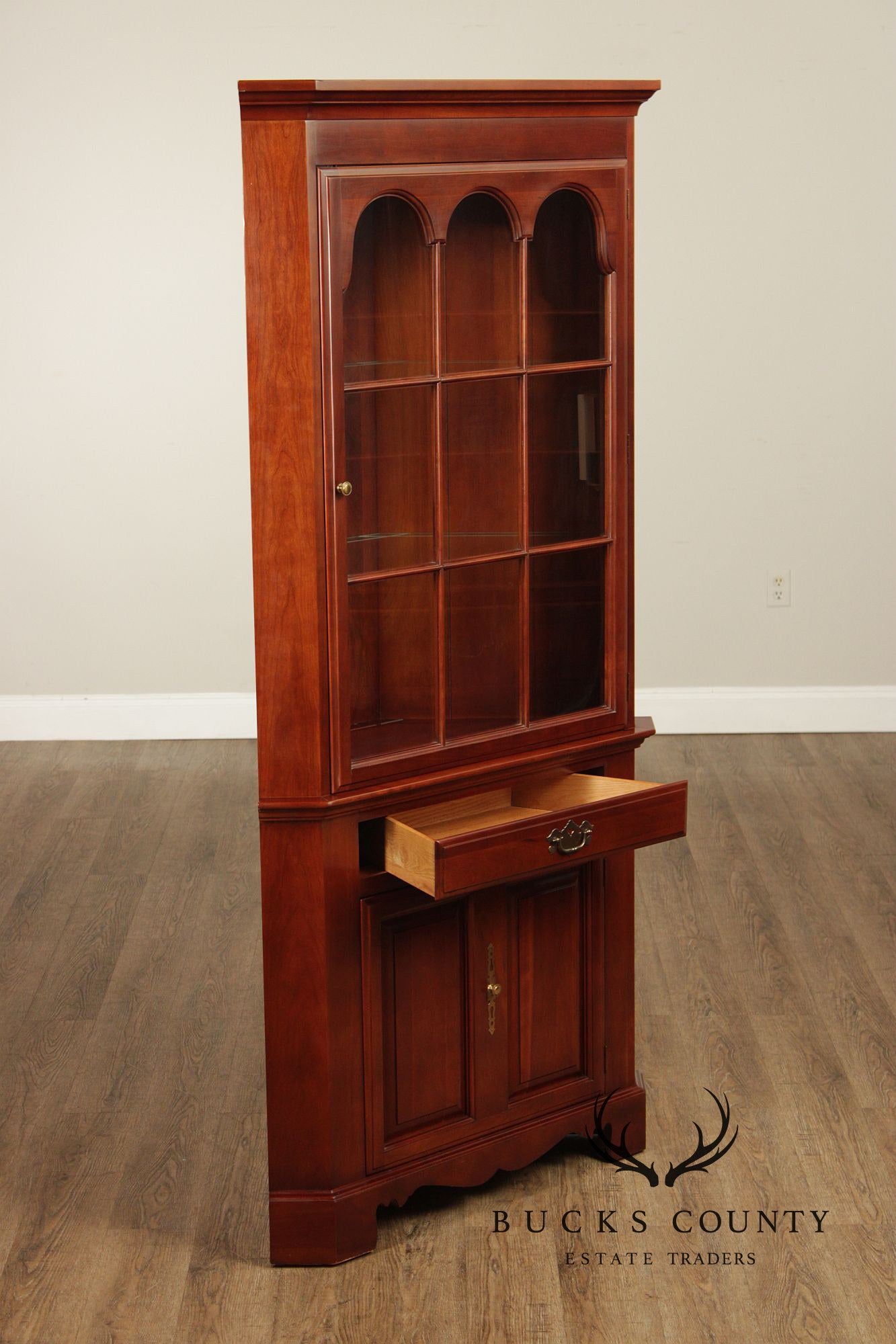 J.B. Van Sciver Traditional Pair Of Cherry Lighted Corner Cabinets