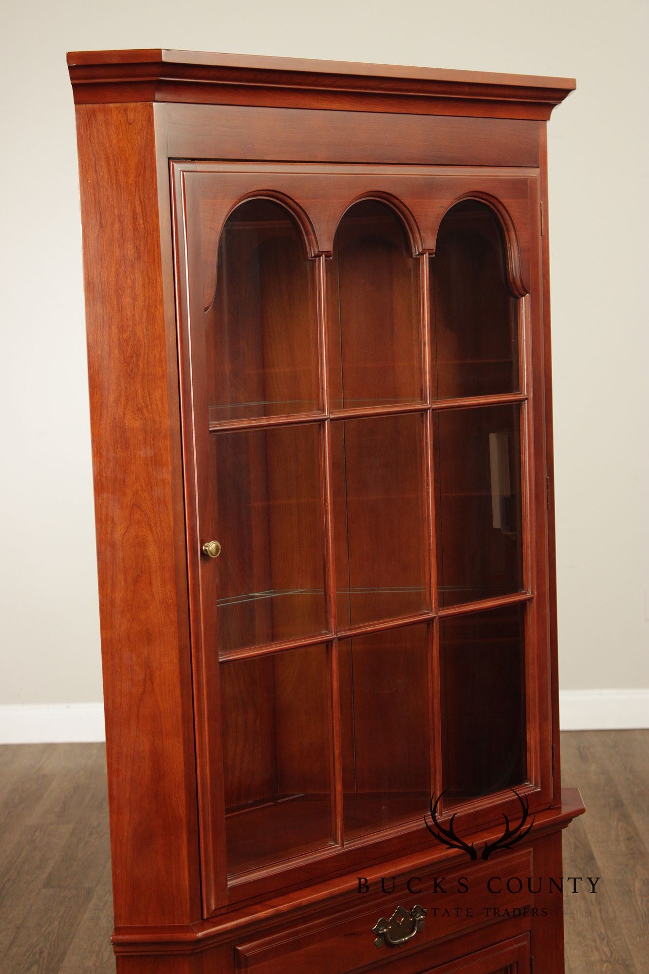 J.B. Van Sciver Traditional Pair Of Cherry Lighted Corner Cabinets