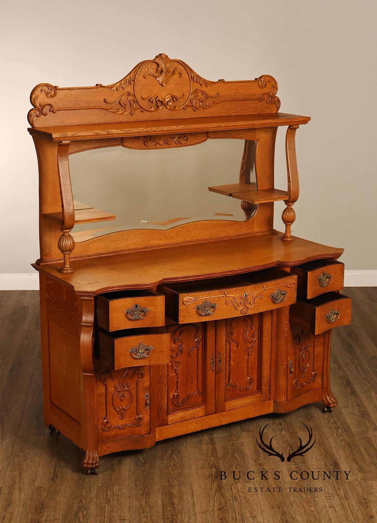 Antique Renaissance Revival Oak Sideboard with Mirrored Back