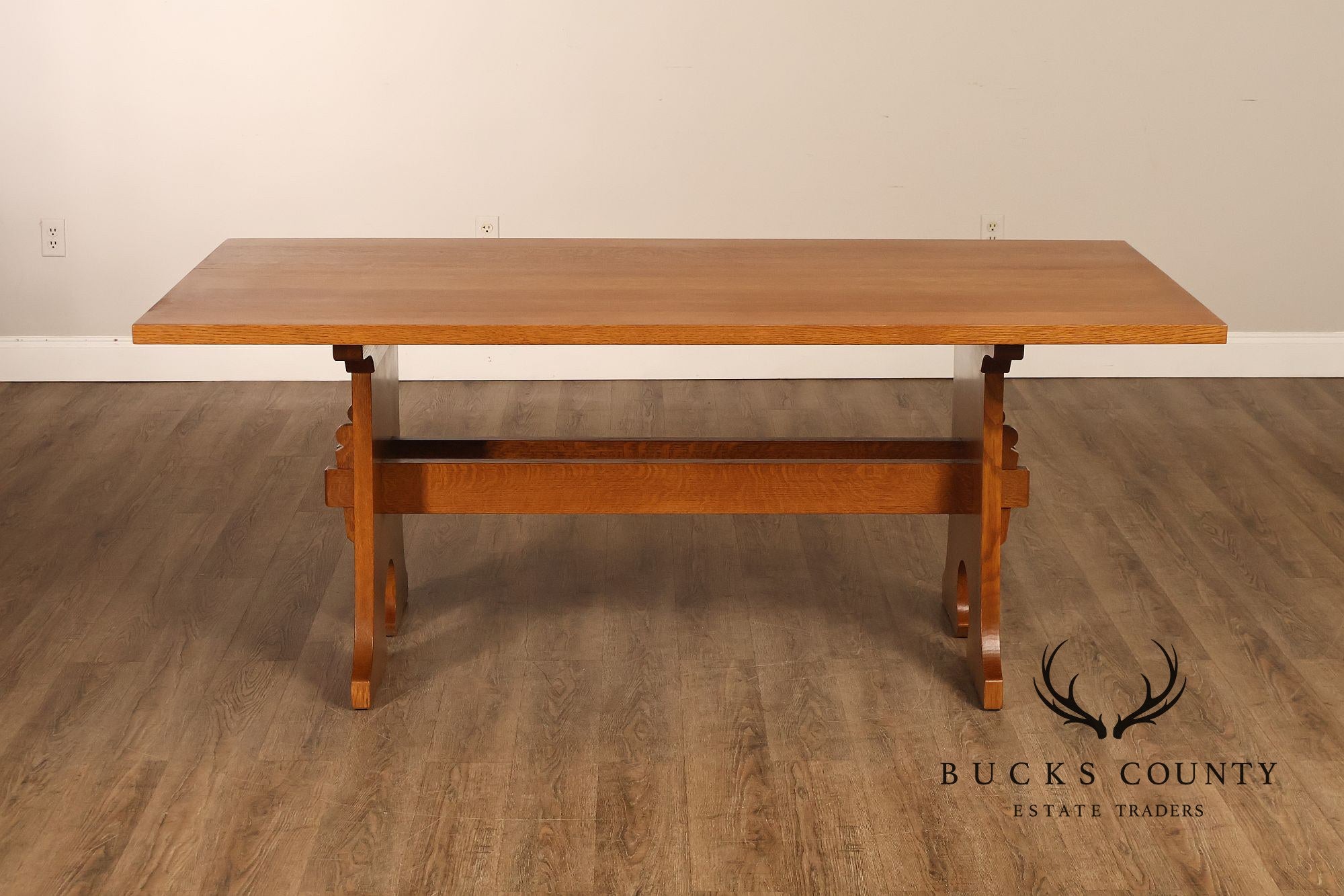 Stickley Mission Collection Oak Trestle Dining Table With Two Leaves