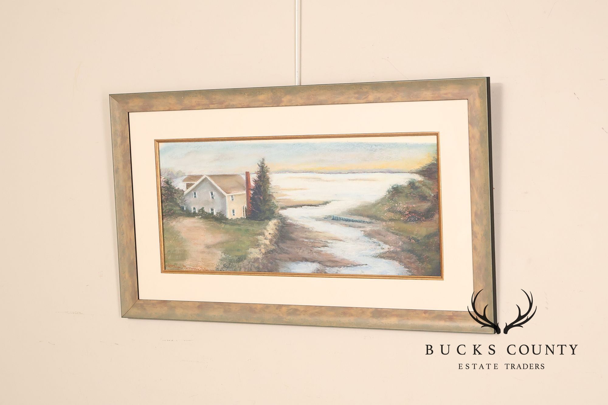 Framed Coastal Landscape "House By The Water" Painting Signed Letitia Morrison Halsey