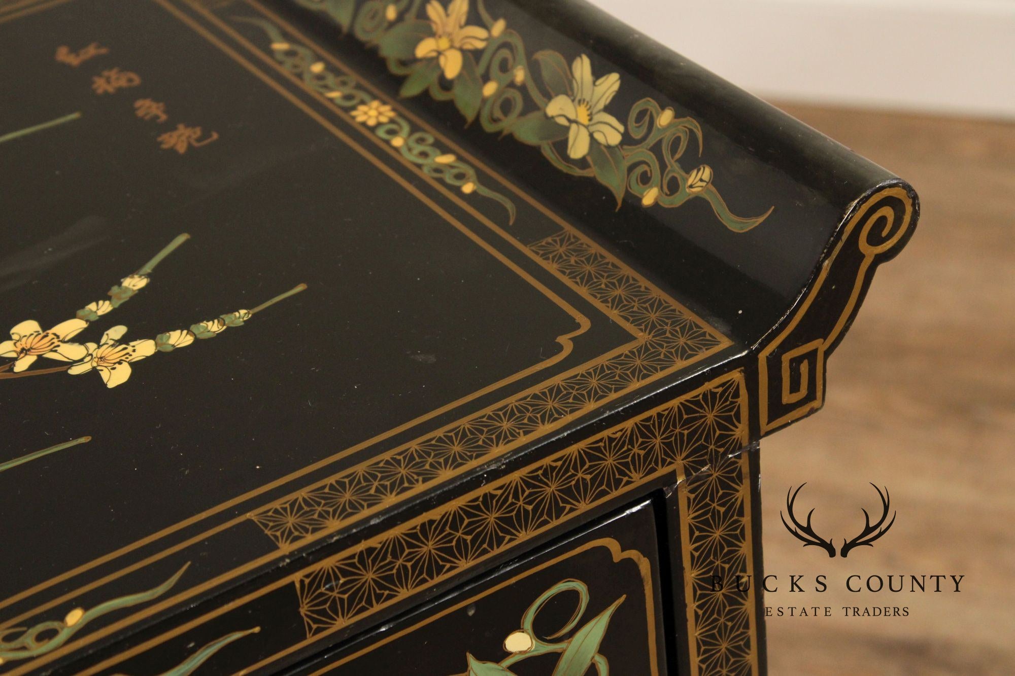 Chinoiserie Painted Vintage Black Lacquer Console Table