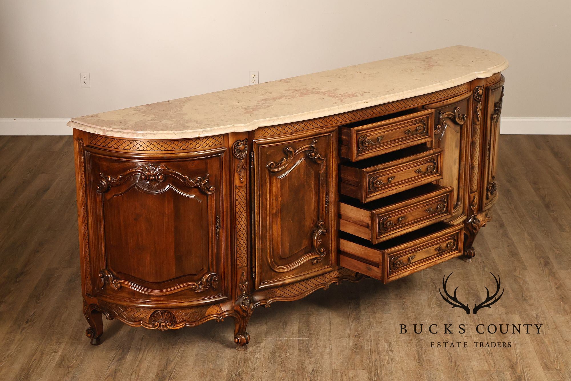 French Louis XV Style 106" Long Marble Top Walnut Sideboard