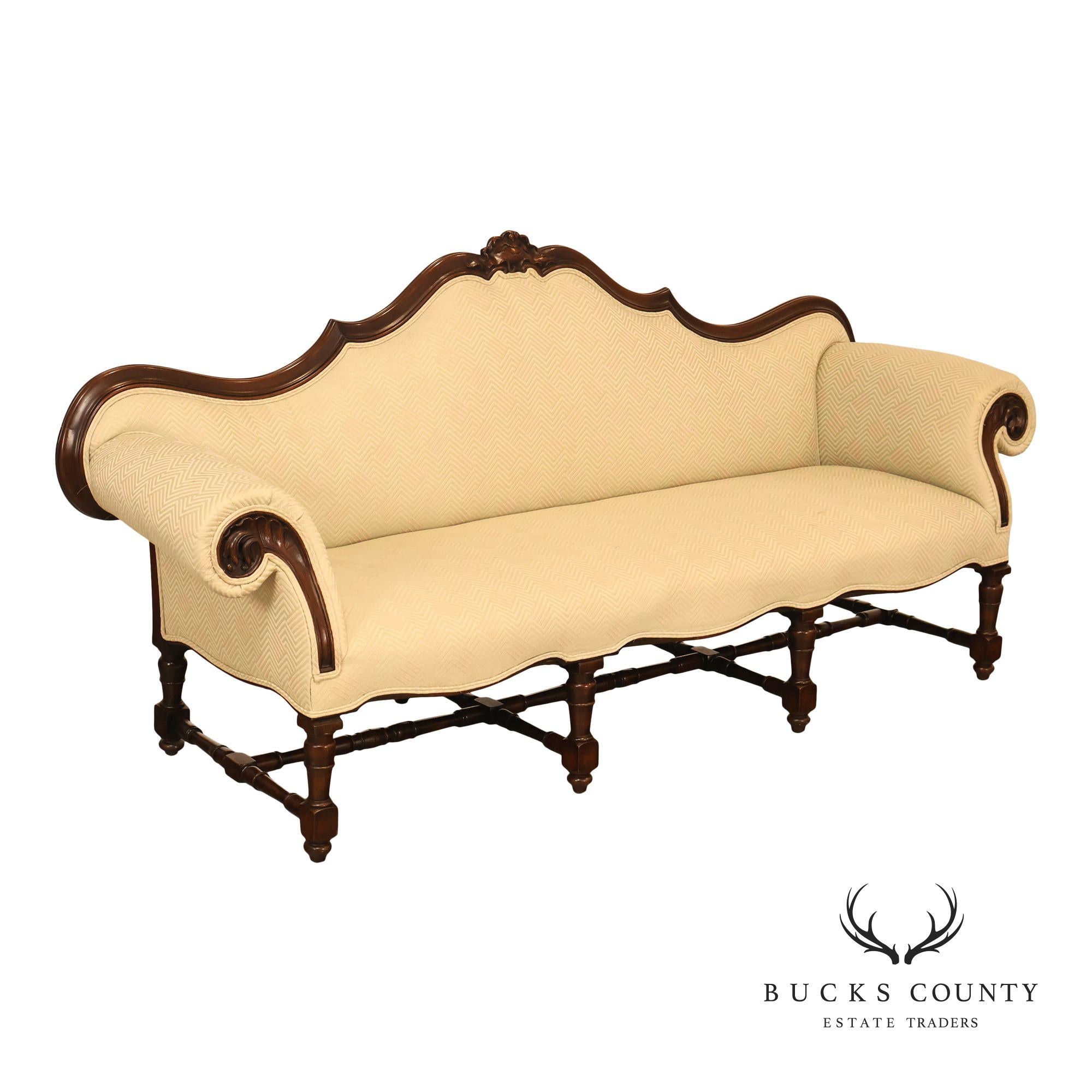 Antique Italian Rococo Carved Walnut Frame Long Sofa