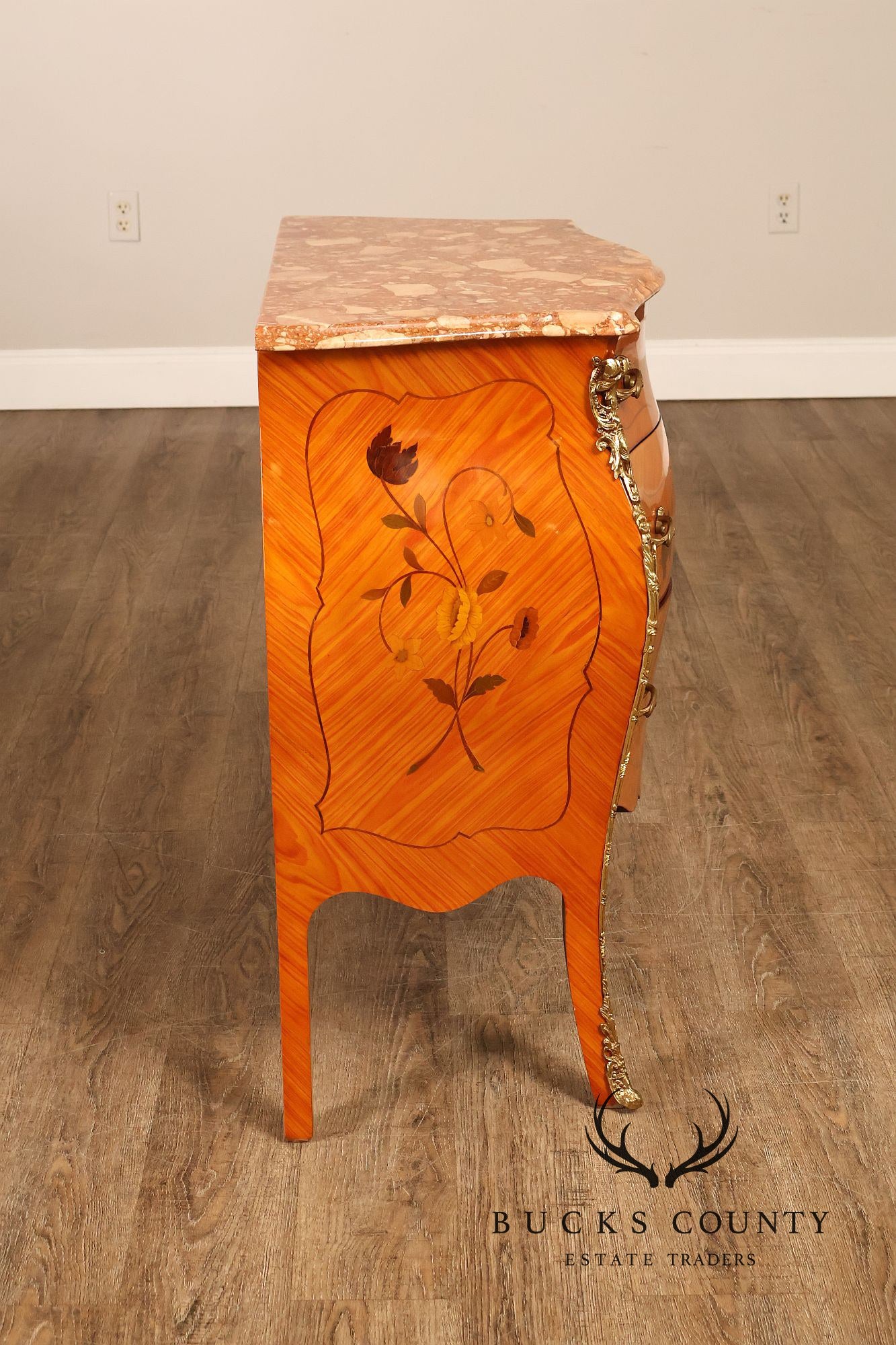 Italian Louis XV Style Marquetry Inlaid Marble Top Bombe Chest Commode