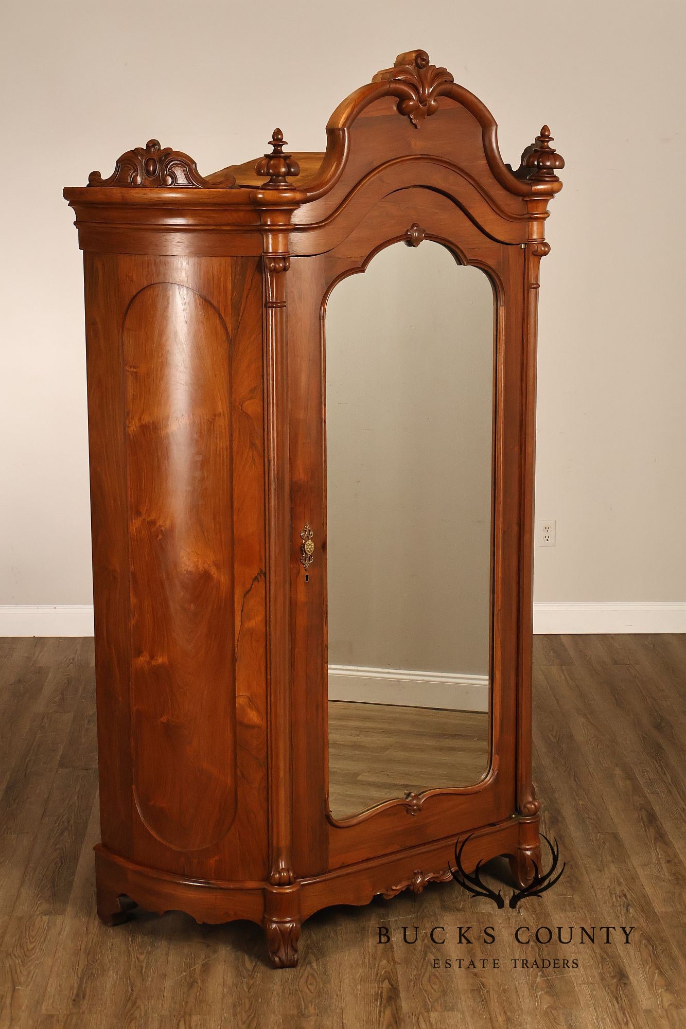 Antique Renaissance Revival Louis XV Style Carved Walnut Mirrored Armoire