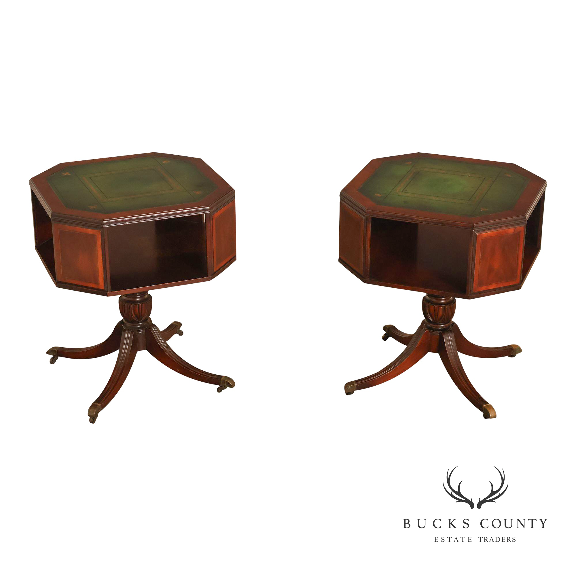 1940's Vintage Pair of Regency Style Mahogany Green Leather Top Pedestal Side Tables