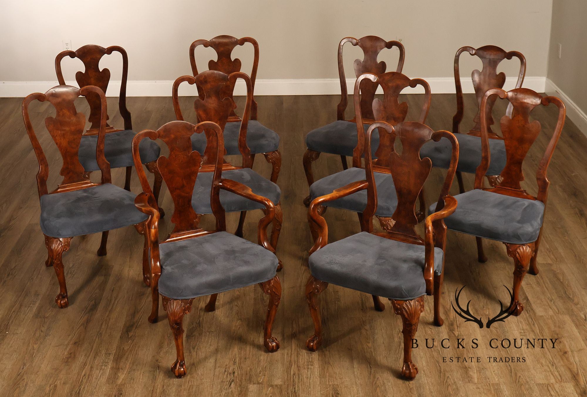 Georgian Style Set of Ten Carved Burlwood Dining Chairs