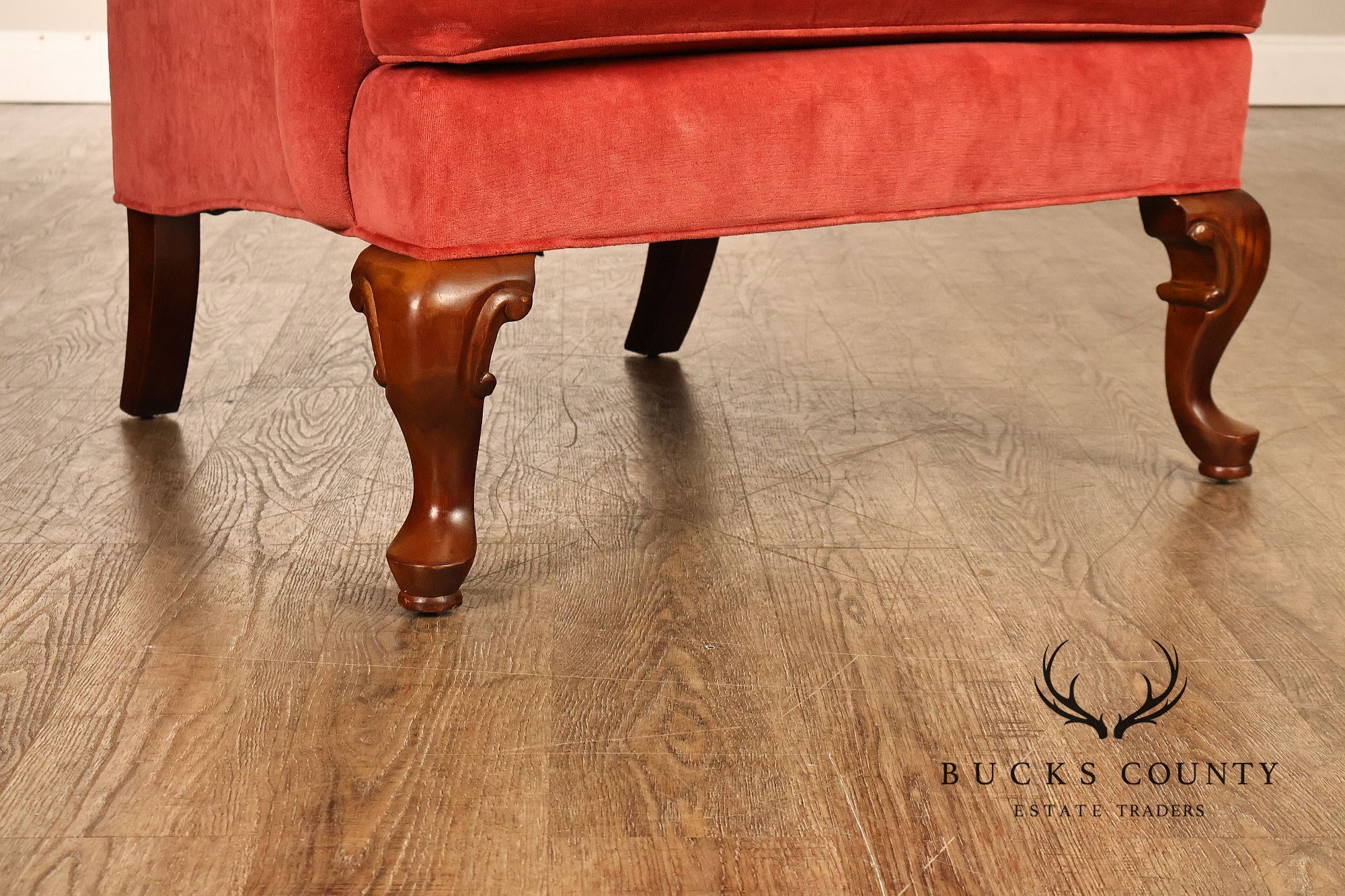 Thomasville Pair Of Traditional Coral Velvet Wingback Chairs