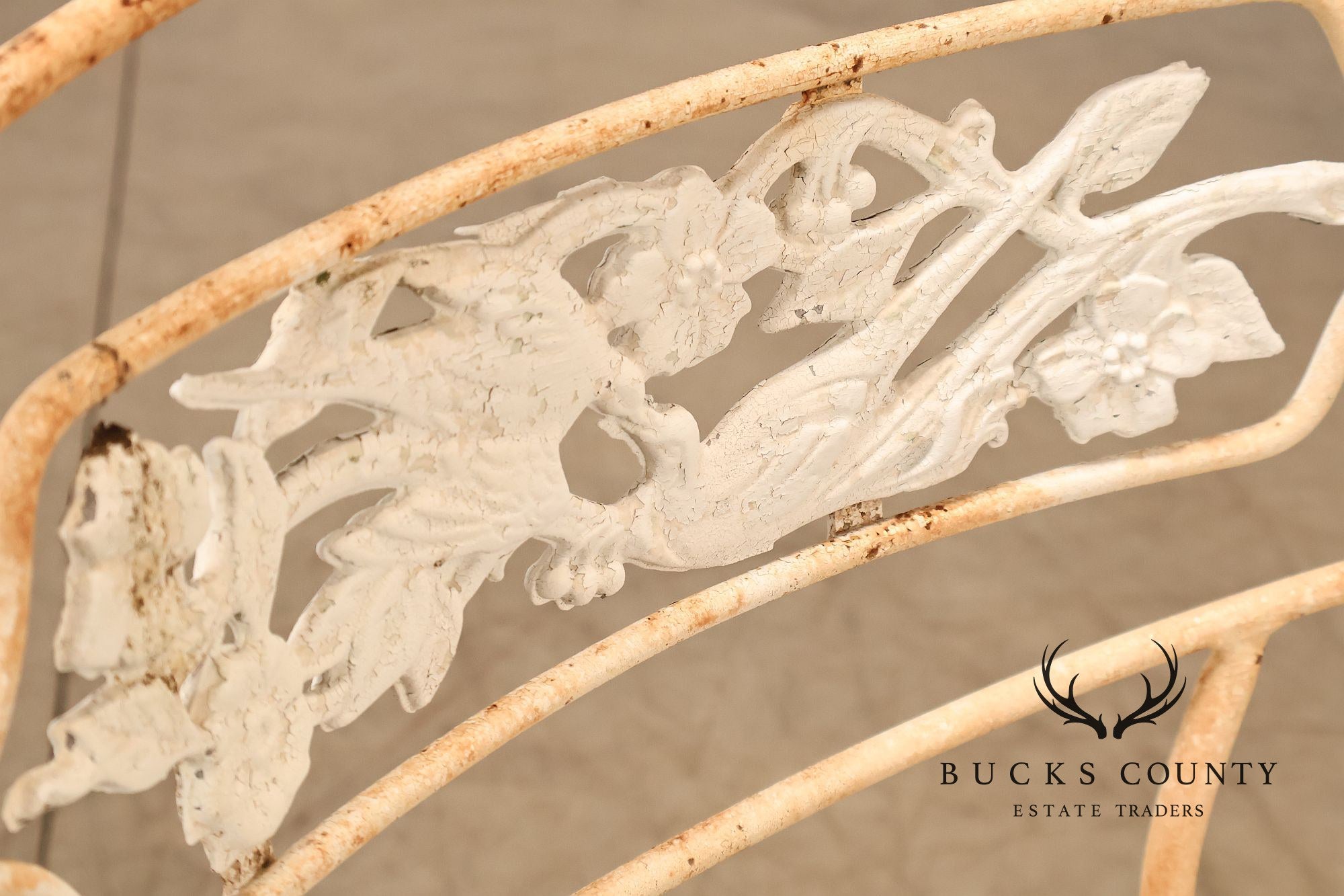 Painted Wrought Iron Set Of Three Garden Chairs With Decorative Backs