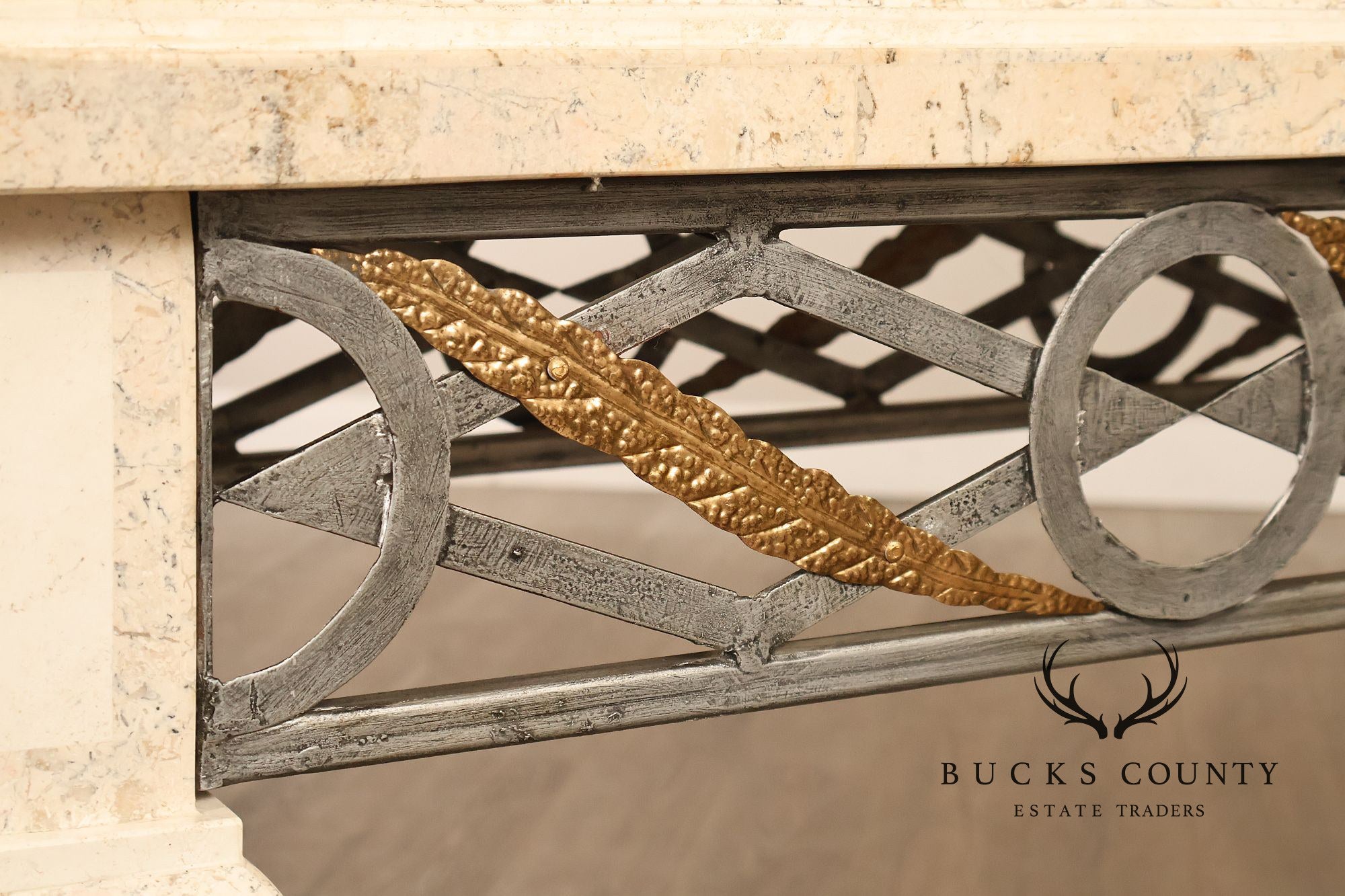 Neoclassical Style Travertine Console Table With Metal Stretcher
