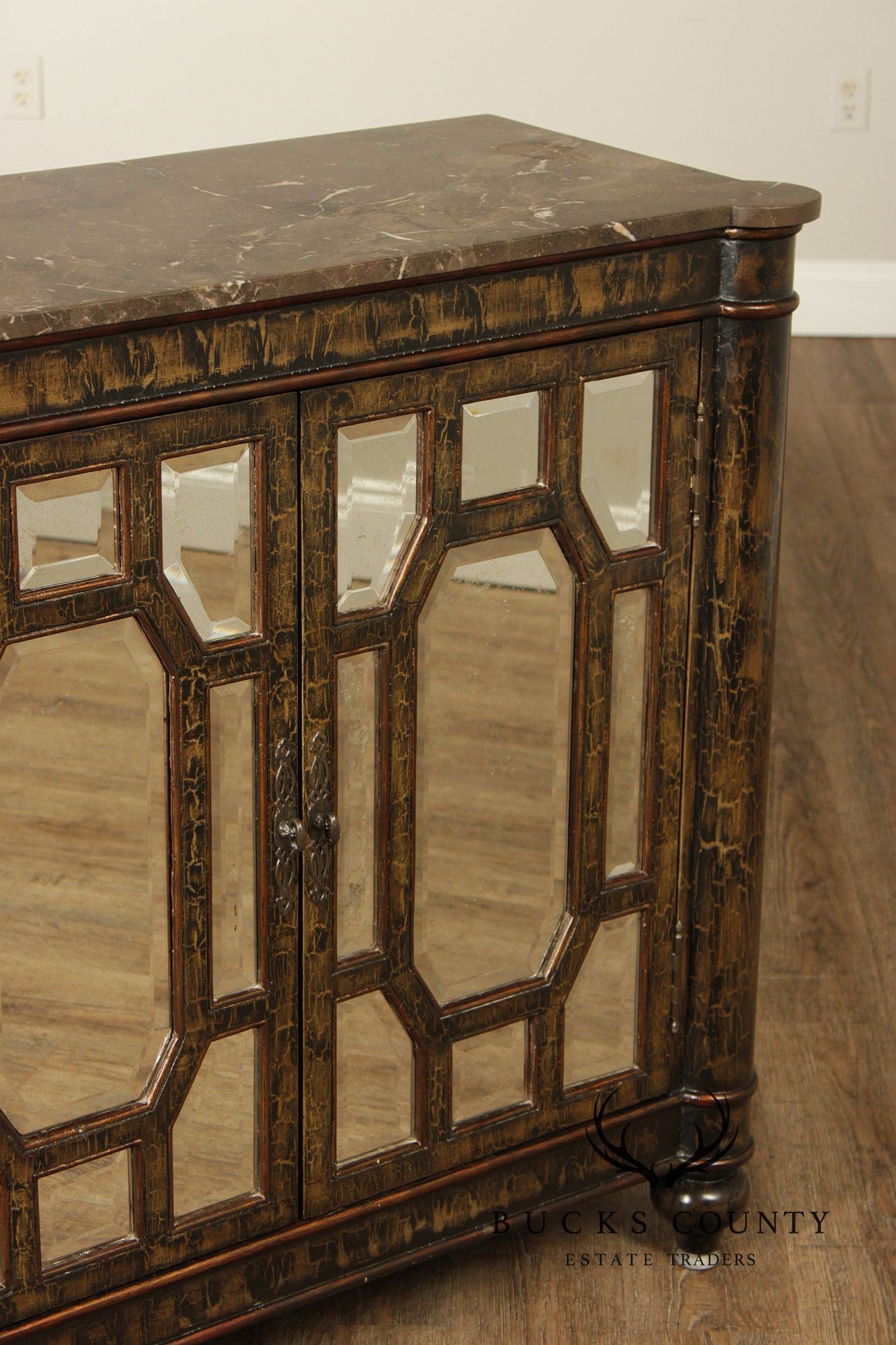 Hollywood Regency Style Pair Of Mirrored Cabinets With Marble Tops