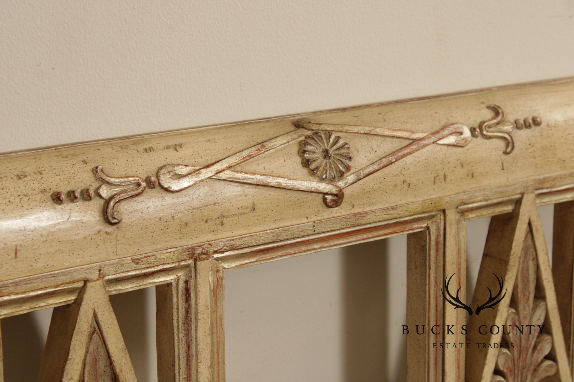 French Neoclassical Directoire Style Distress Painted King Headboard