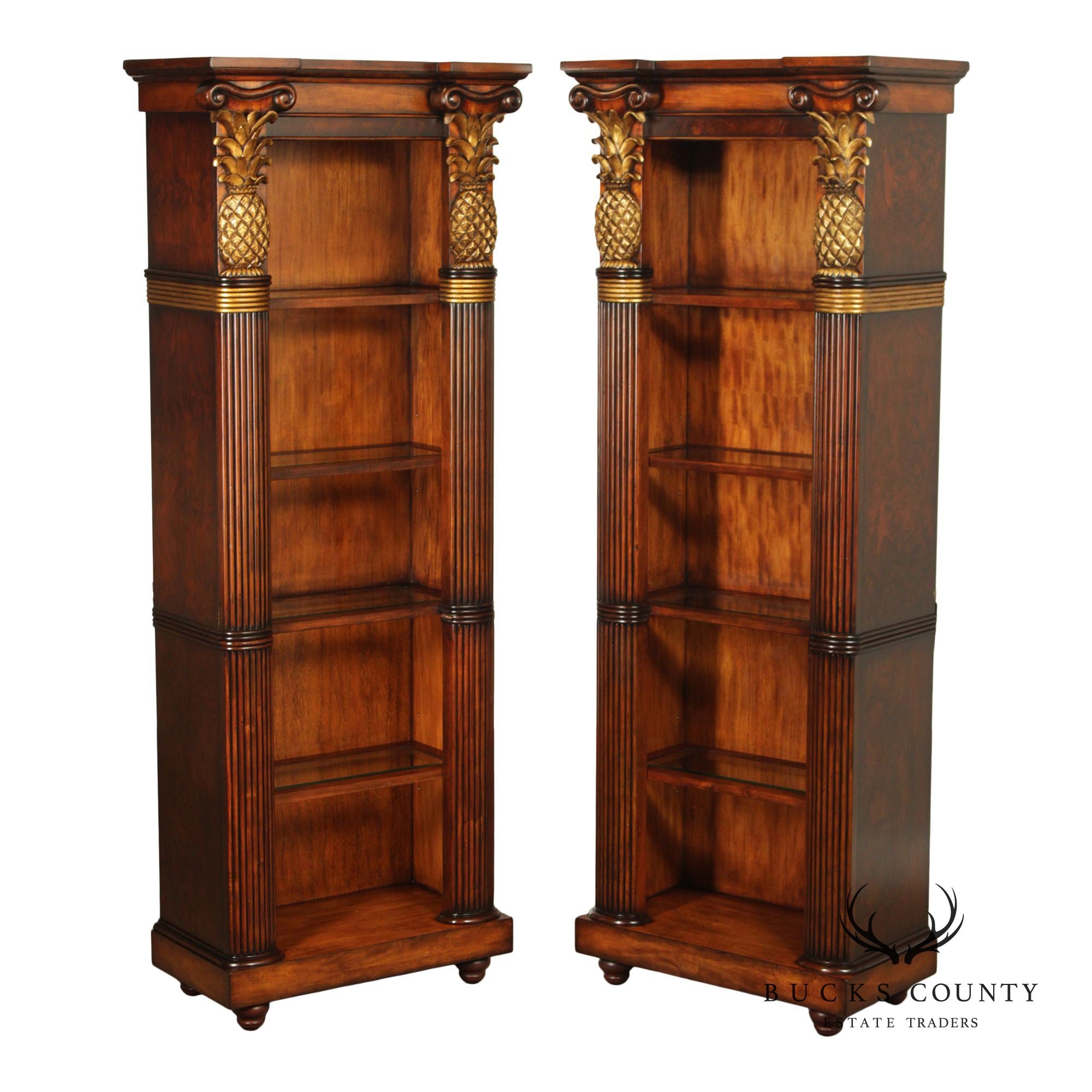 Century Furniture Pair Of Pineapple Carved Lighted Library Bookcases