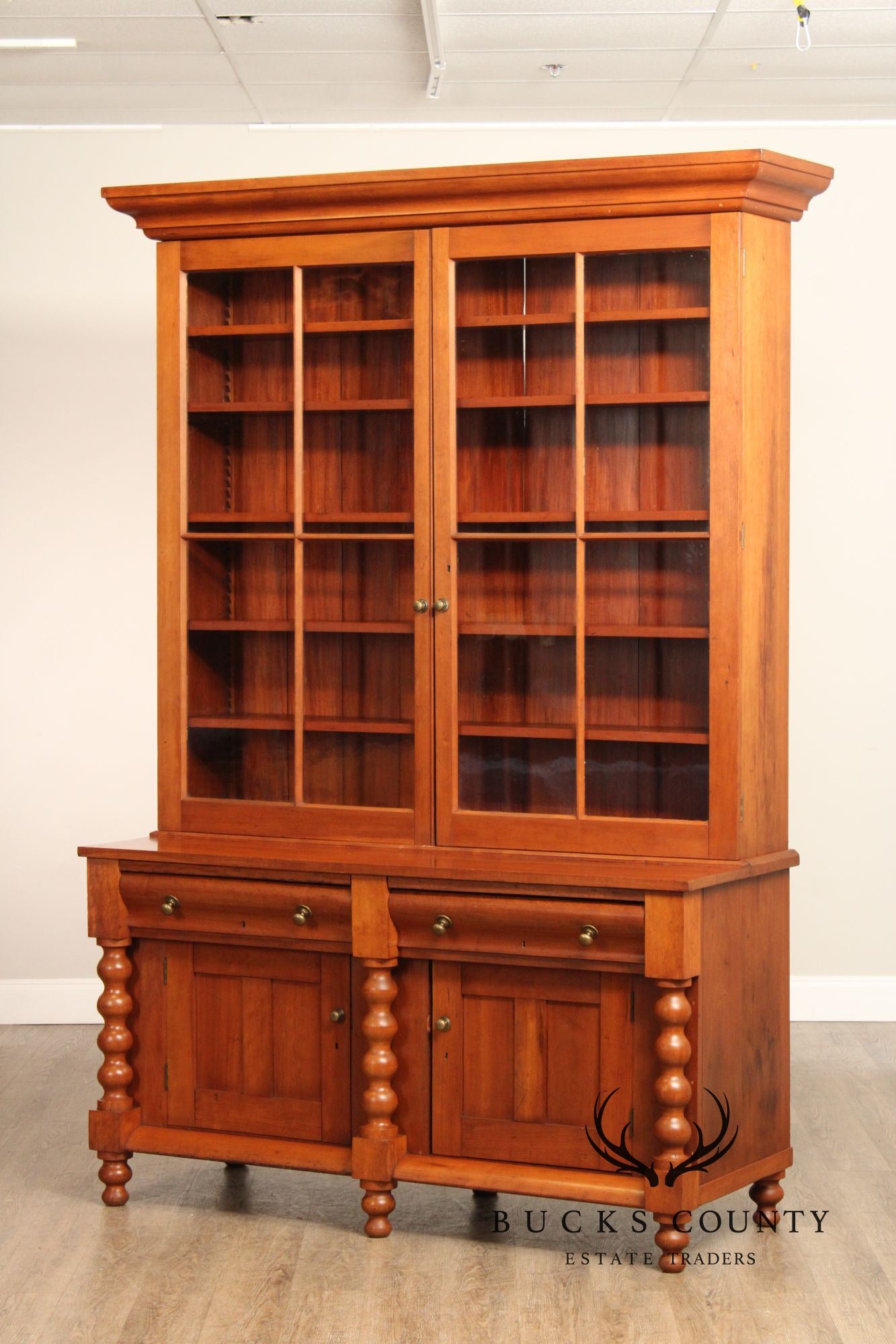 Antique American Empire Large Cherry Stepback Bookcase