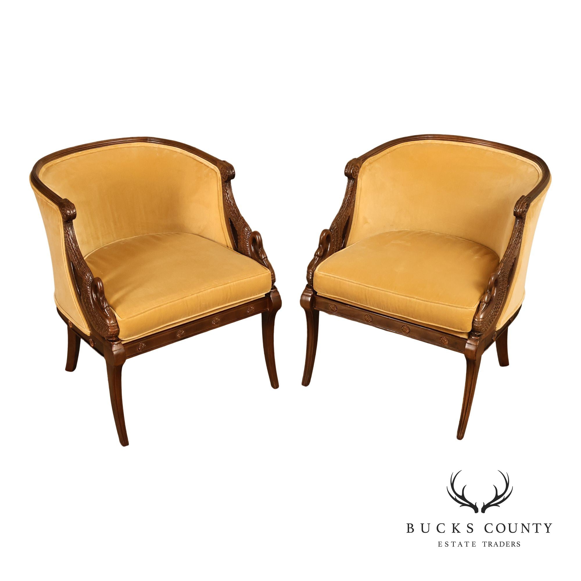 Pair Of French Empire Style Carved Mahogany Swan Motif Barrel Back Club Chairs In Gold Velvet
