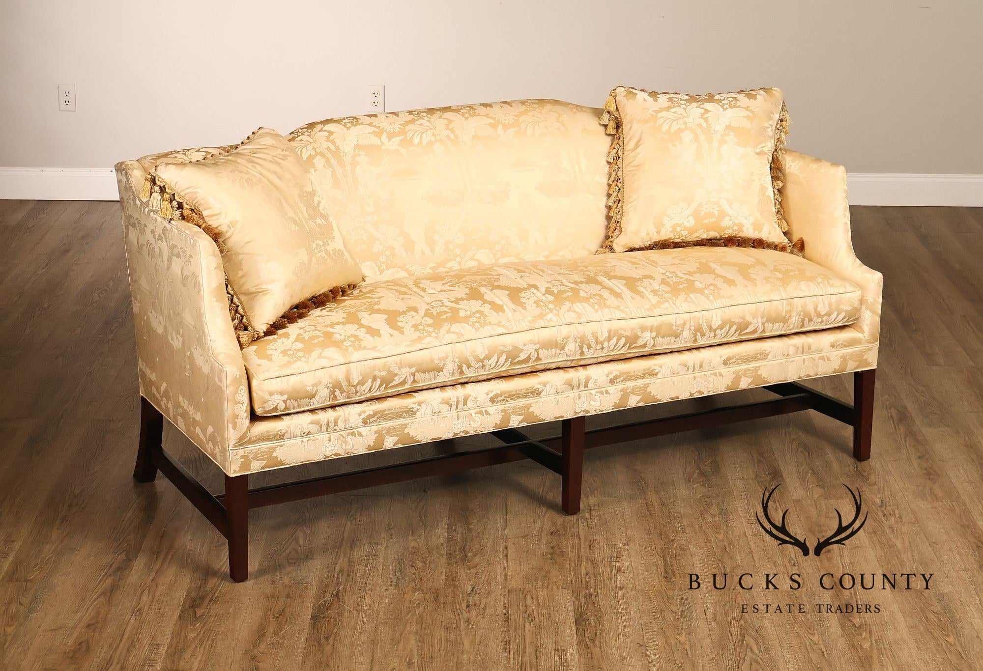 Southwood Federal Style Mahogany Frame Damask Upholstered Sofa