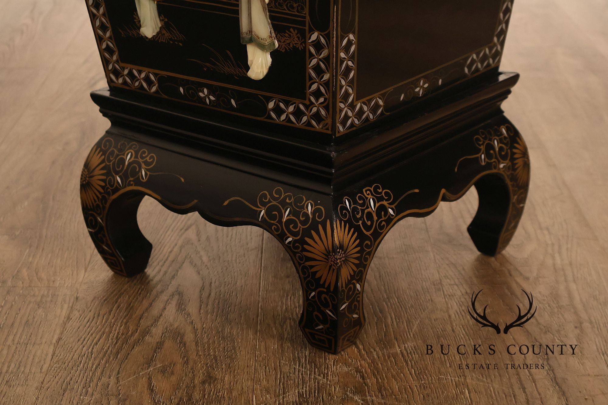 Chinese Black Lacquer Mother Of Pearl Inlaid Figural Planter On Matching Stand