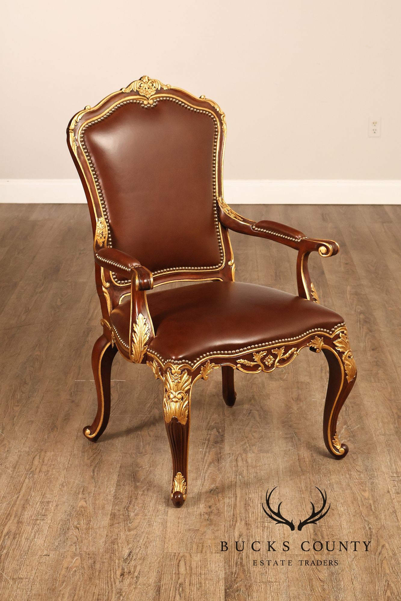 Scarborough House Pair Of French Rococo Style Gilt Mahogany Leather Upholstered Armchairs