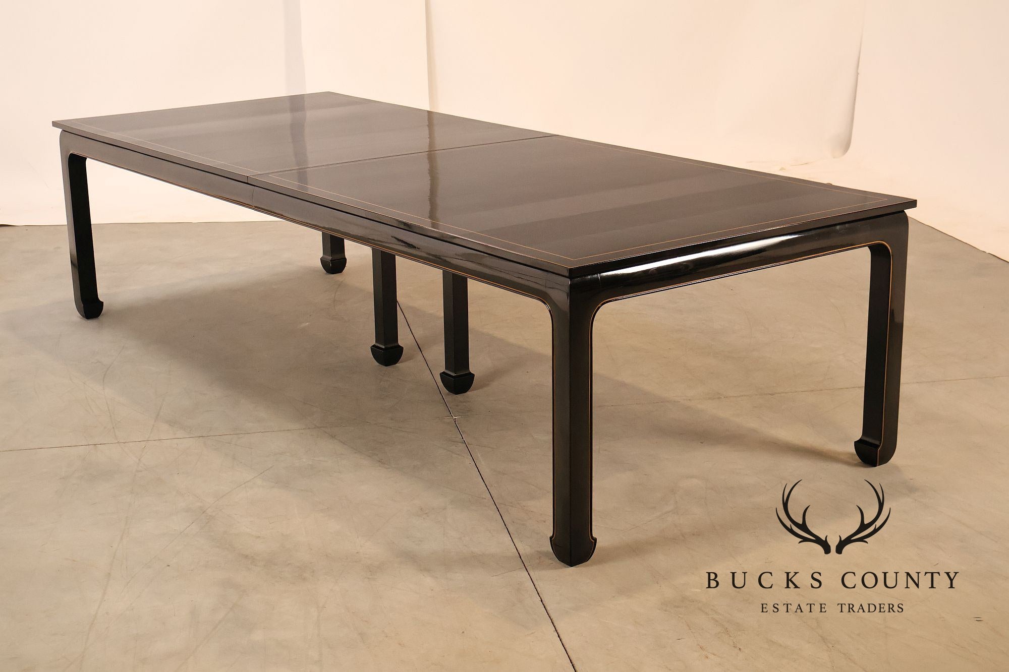 Custom Black Lacquered 12 Foot Extendable Dining Table With Gold Line Inlay