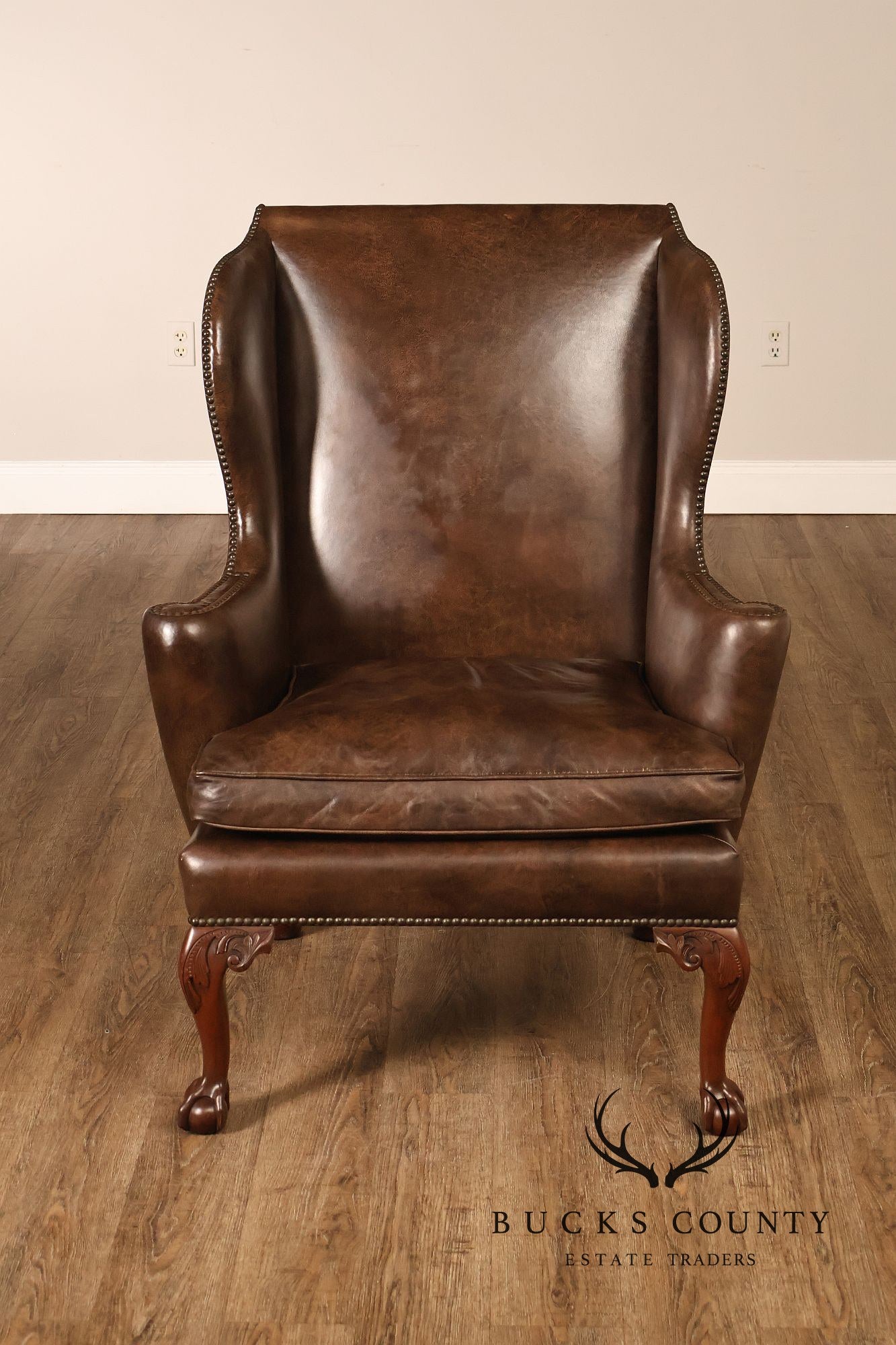 Kittinger Colonial Williamsburg Chippendale Style Pair Leather Wing Chairs