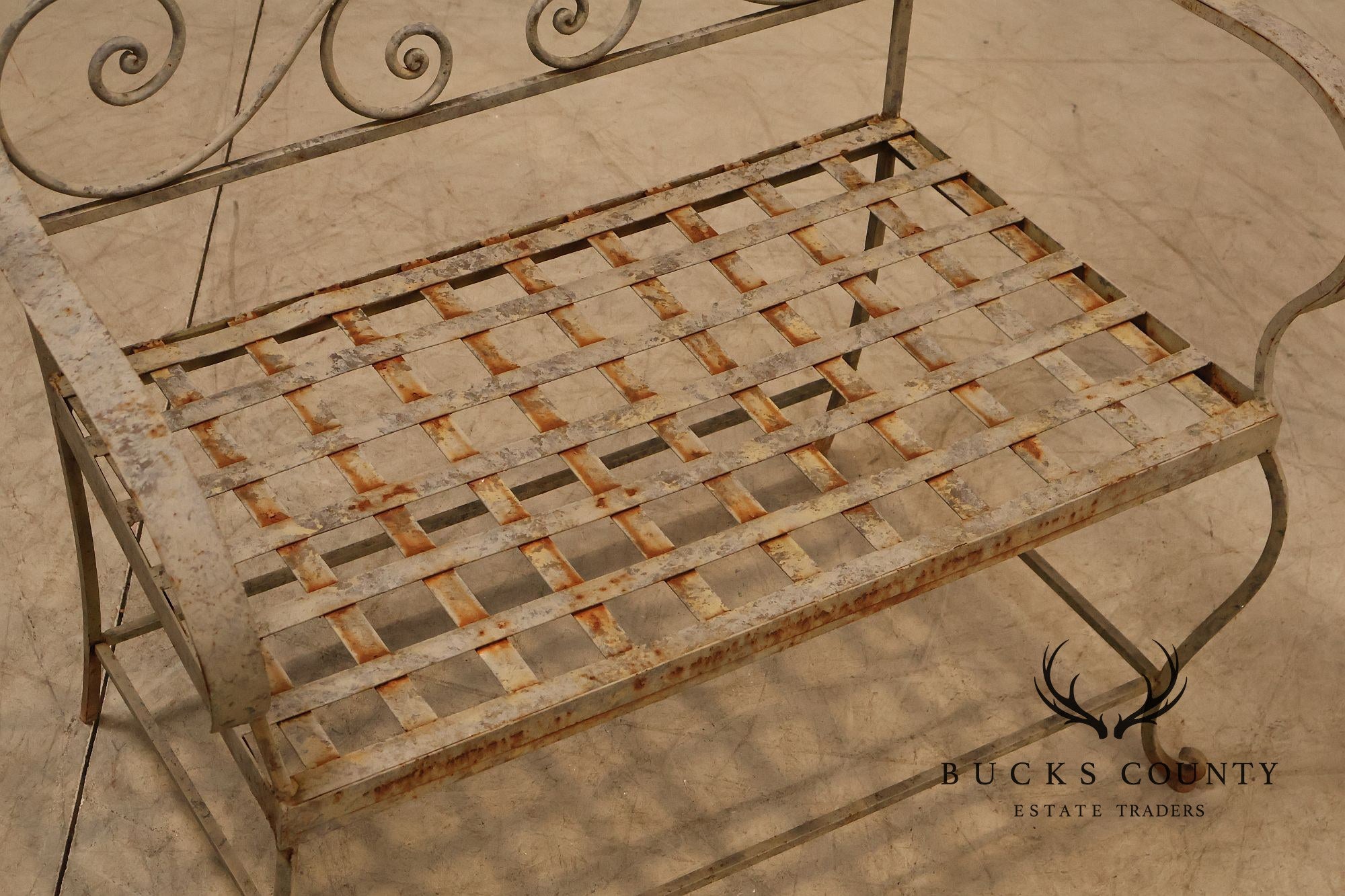 Vintage Wrought Iron Garden Bench With Scrollwork Back
