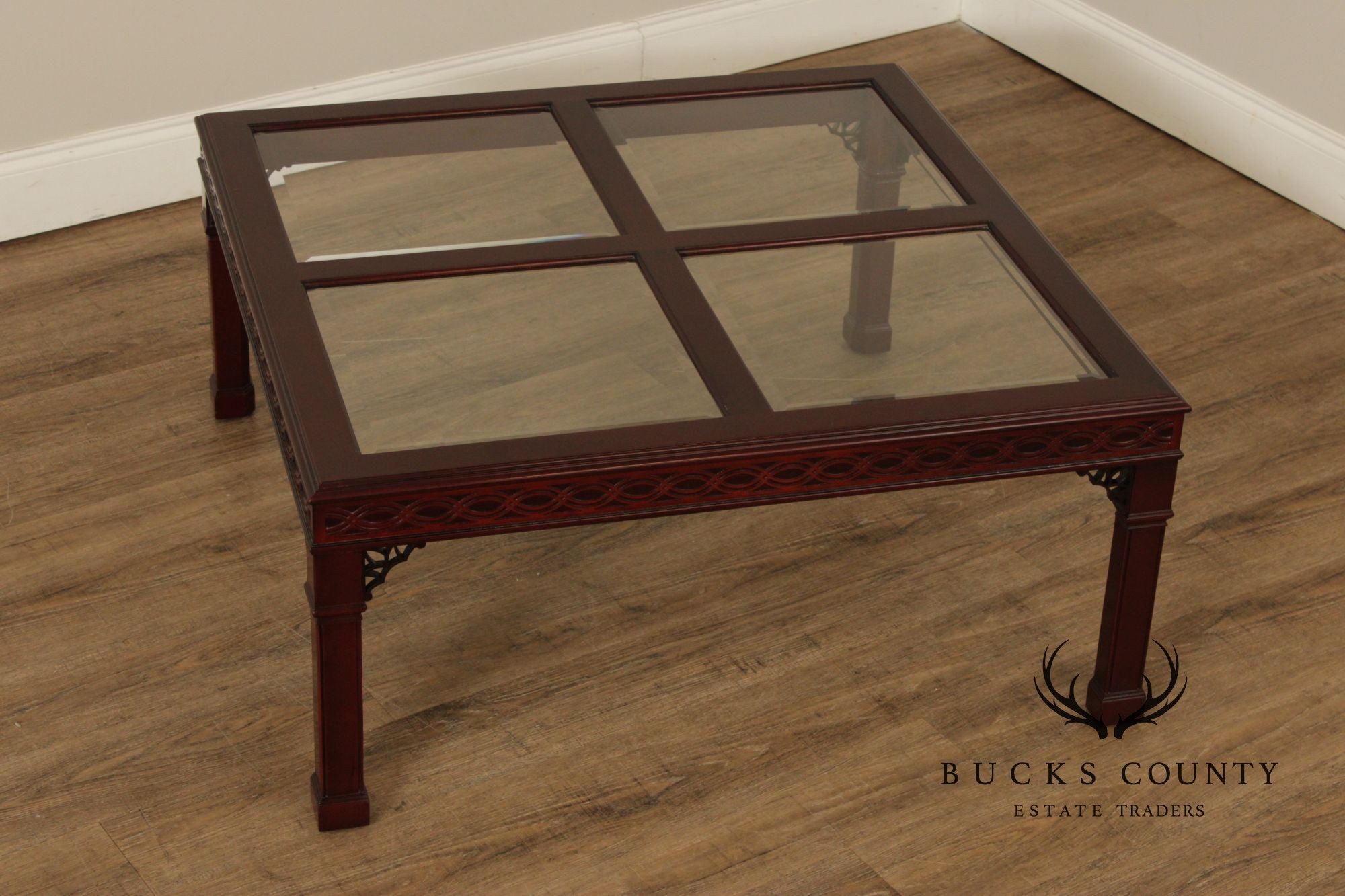 Kindel Chinese Chippendale Style Glass Top Mahogany Coffee Table