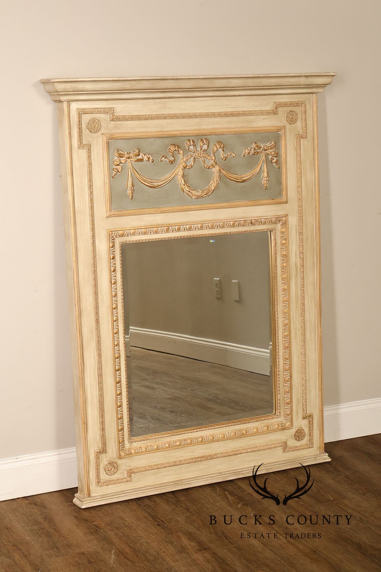 French Neoclassical Style Distress Painted Trumeau Mirror
