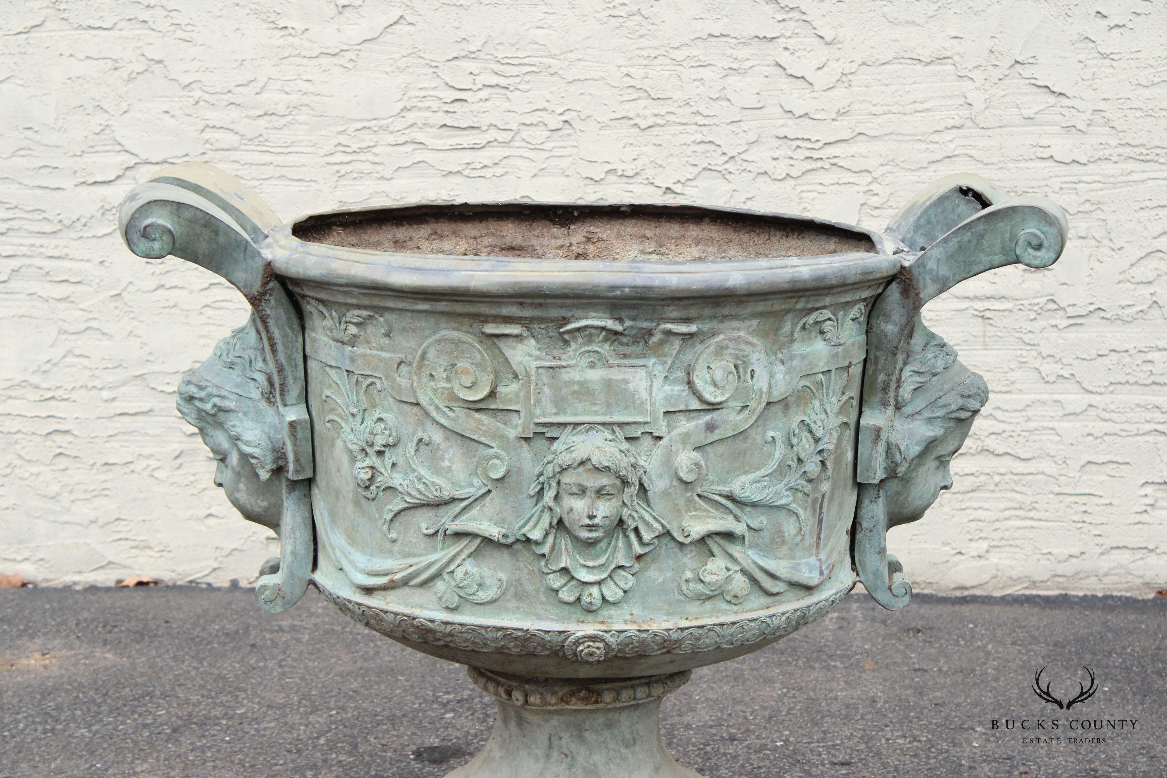 Antique Pair of Lead Alloy Outdoor Garden Urns