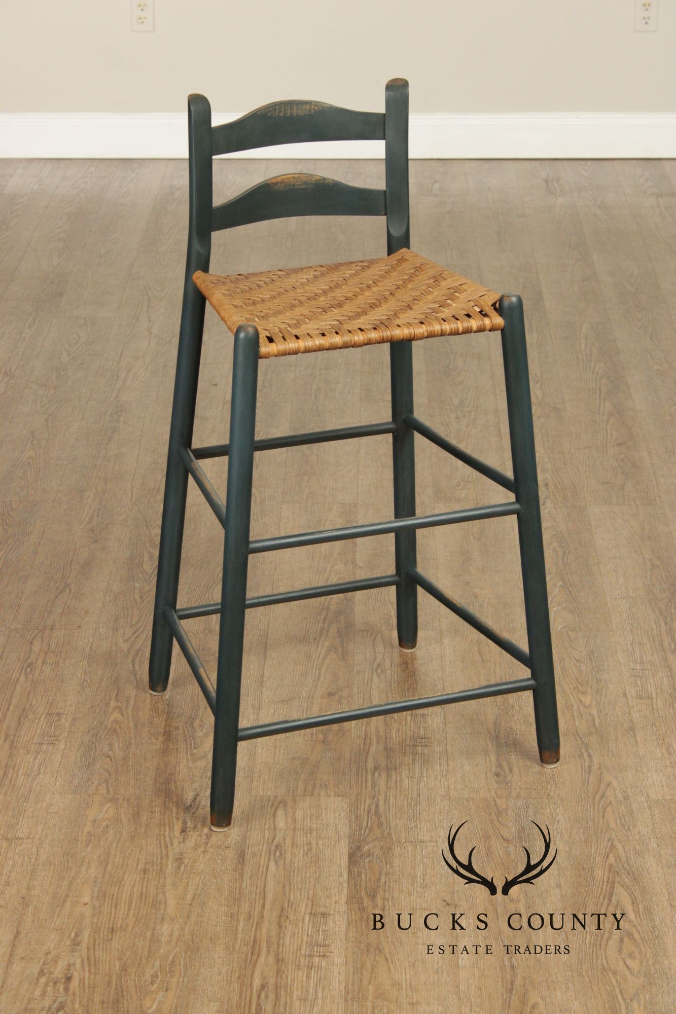 Farmhouse Style Set of Four Rush-Seat Bar Stools