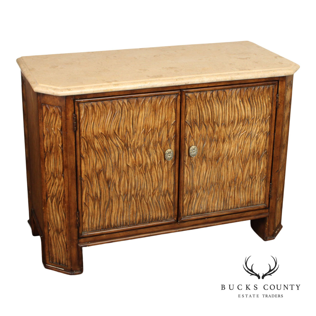Hollywood Regency Travertine Top Console Cabinet