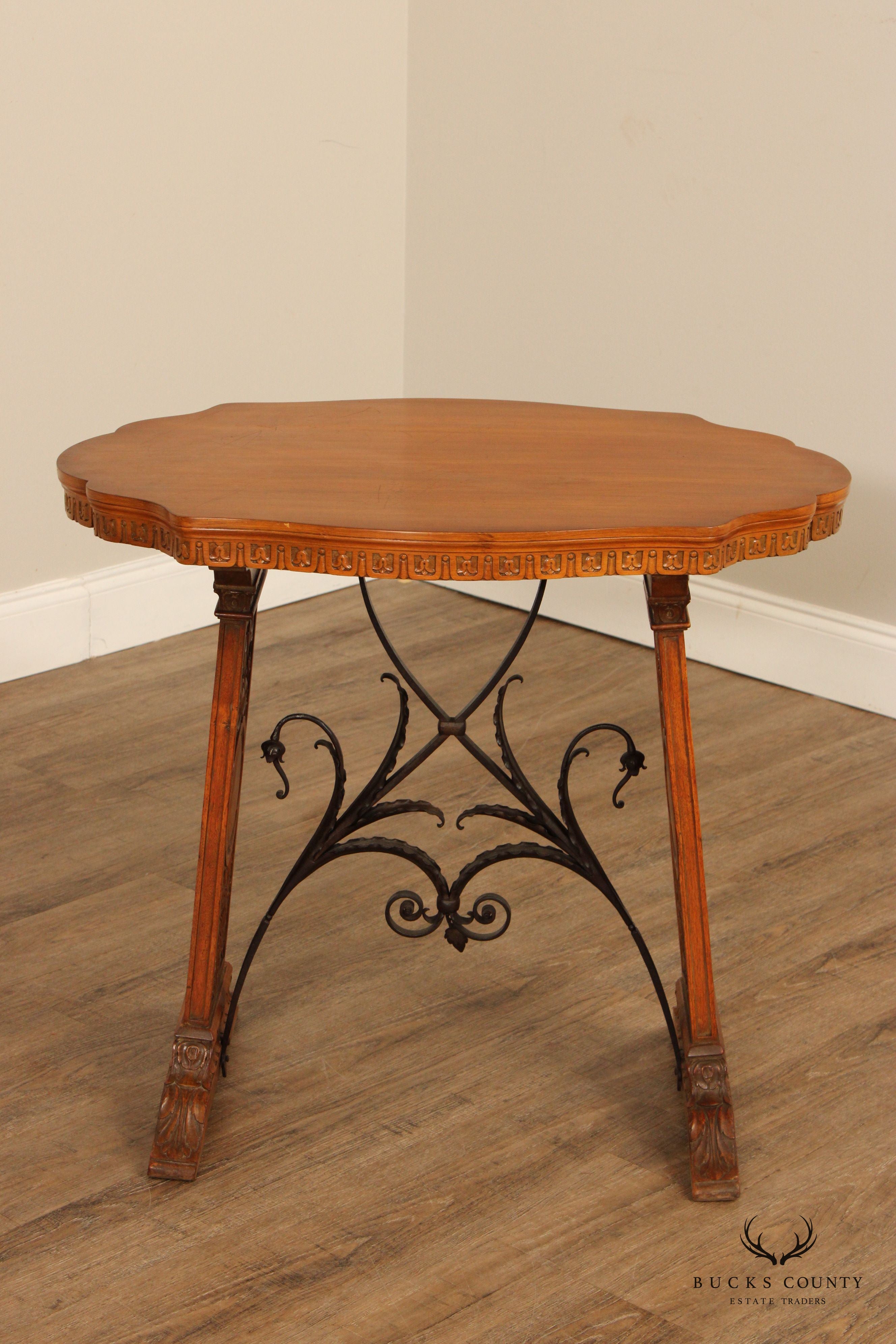 Antique Spanish Revival Carved Oak And Forged Iron Trestle Side Table