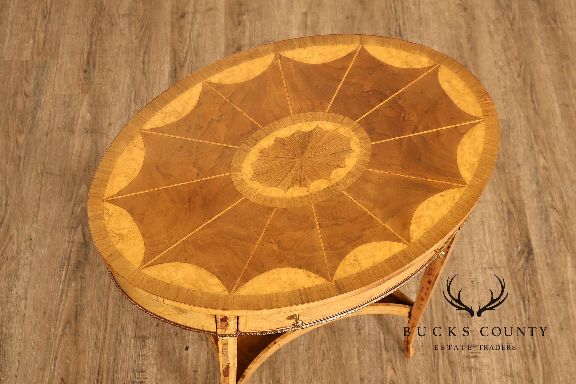 Maitland Smith Two-Tier Mixed Wood Sunburst Occasional Table