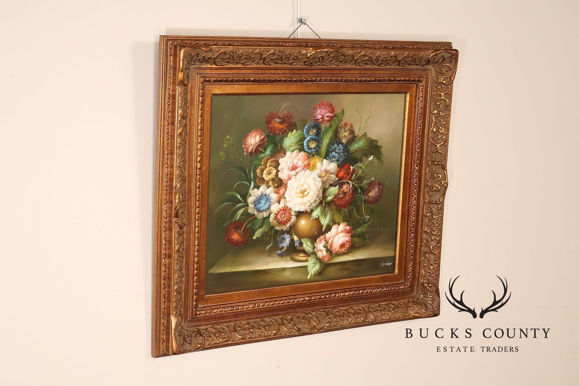 Oil Painting Botanical Still Life in Carved Wood Gold Leaf Frame Signed Heather
