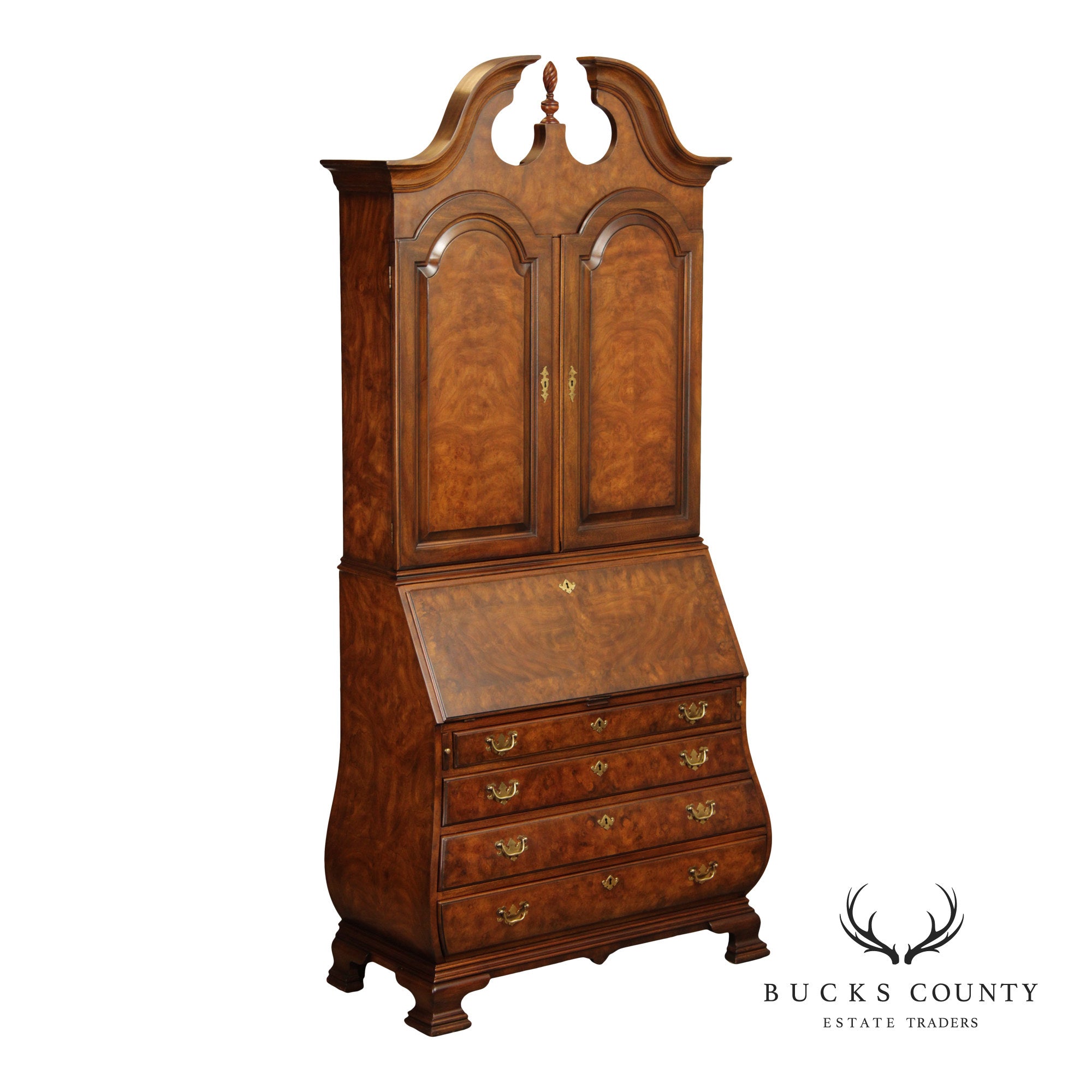 Chippendale Style Burled Walnut Bombe Secretary Desk Bookcase By Heritage Heirloom