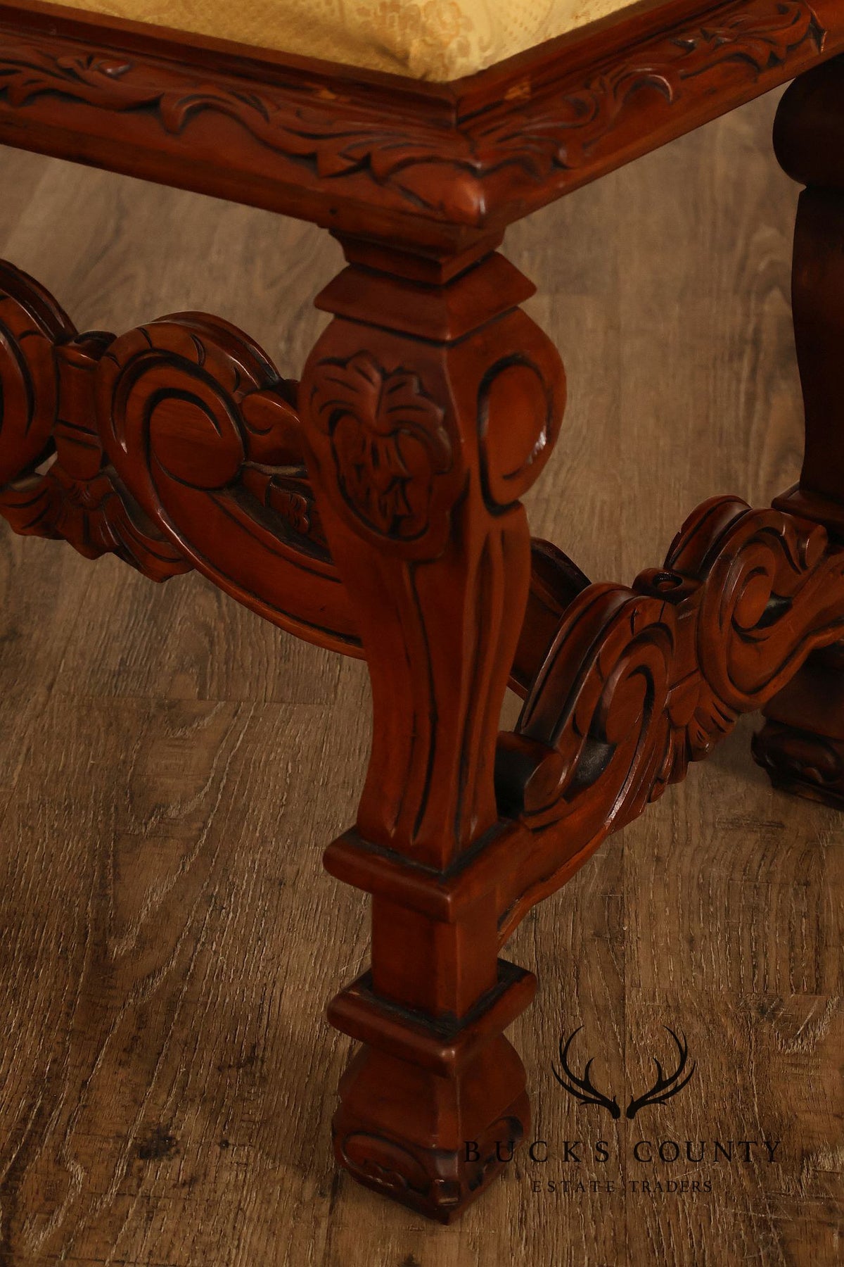 Victorian Style Carved Wood Upholstered Bench
