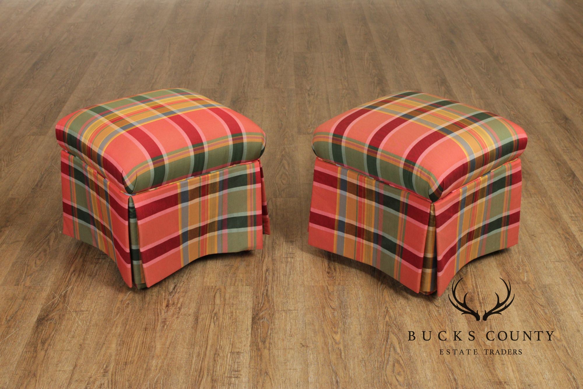 'A Colony Original' Pair Of Upholstered Plaid Skirted Ottomans