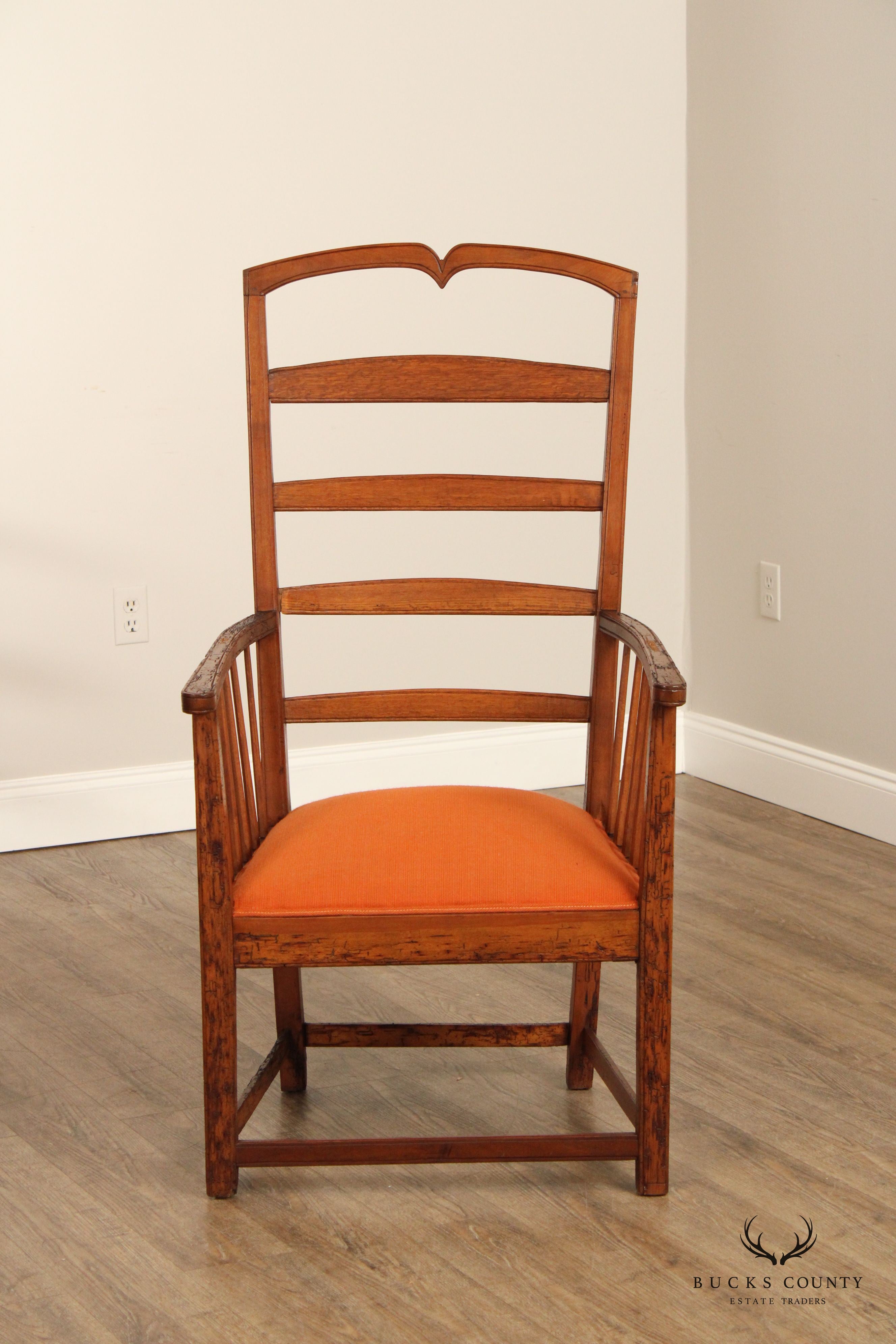 Antique Arts And Crafts Distressed Oak Tall Ladder Back Armchair