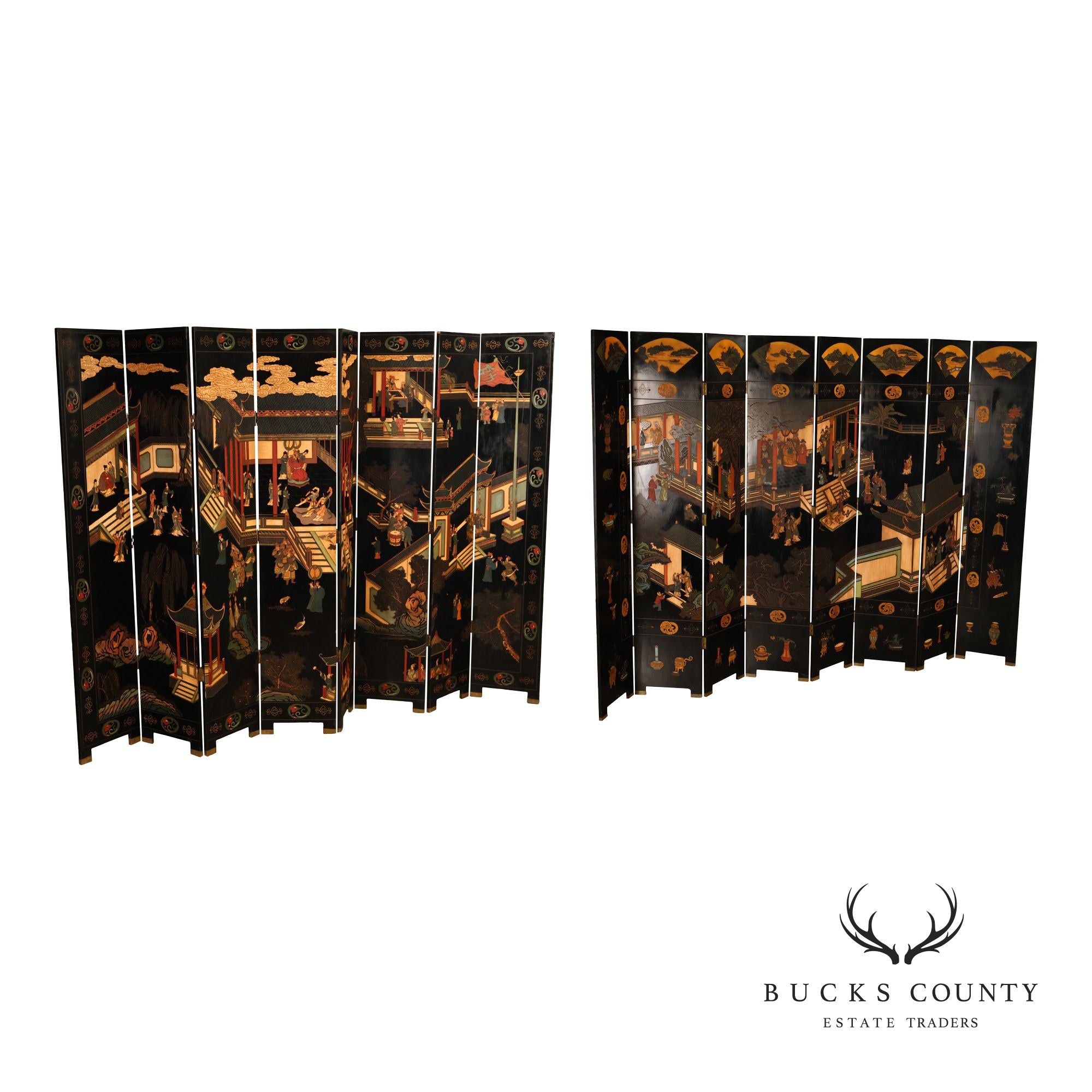 Chinese Coromandel Style Pair Of Eight Panel Folding Screens