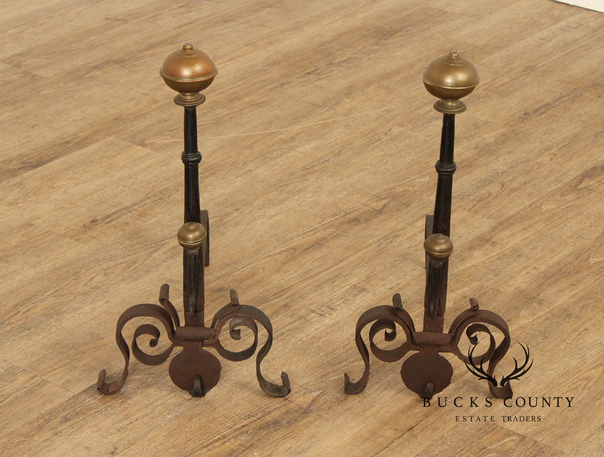 Antique Pair of Forged Iron and Brass Fireplace Andirons