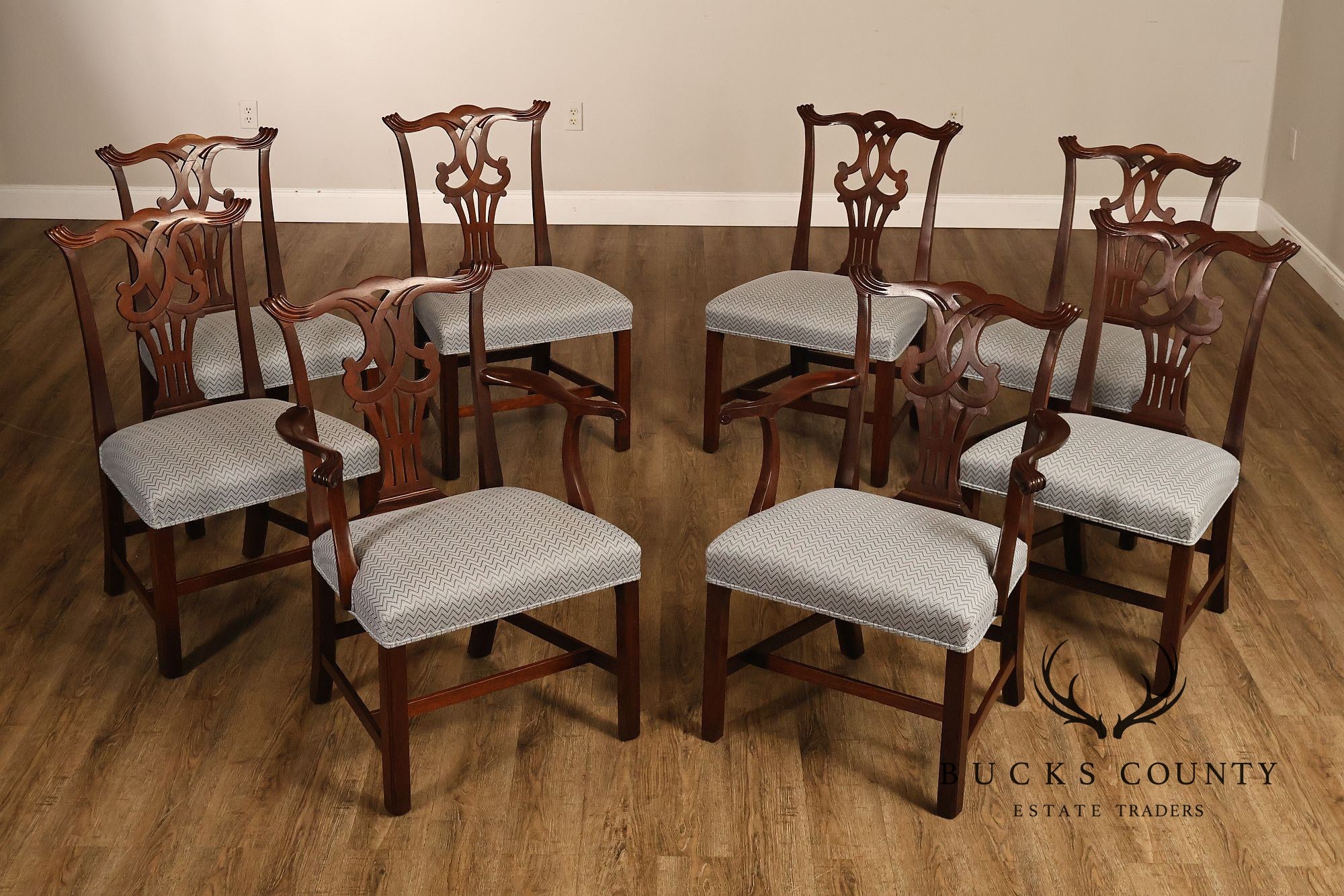 1940's Chippendale Style Set Of Eight Custom Mahogany Dining Chairs