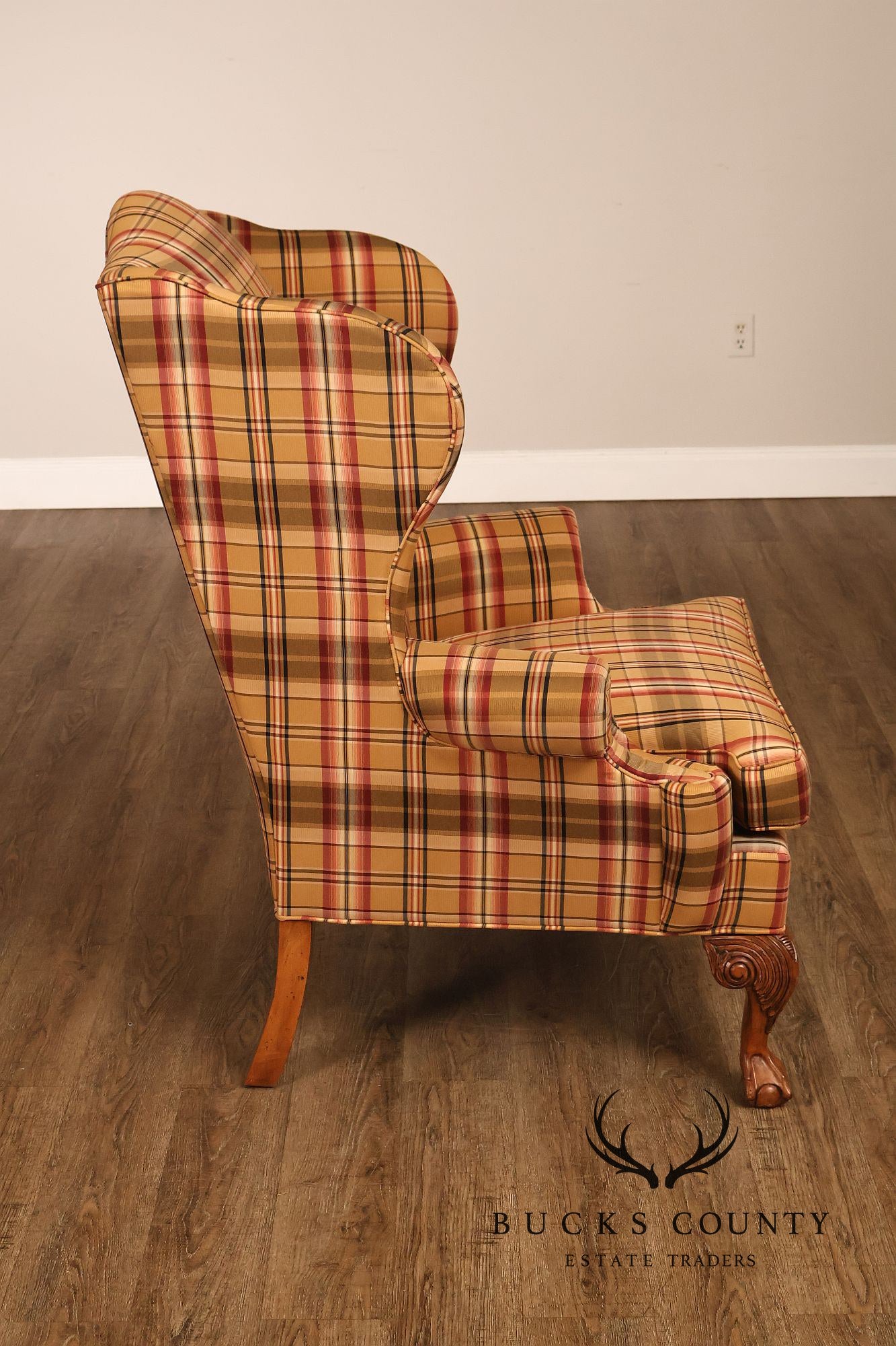 Ethan Allen Chippendale Style Plaid Upholstered Wing Chair