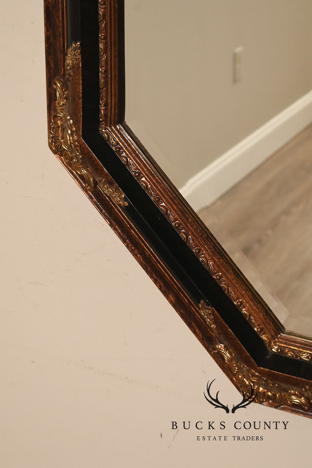 Traditional Octagonal Black And Gilt Beveled Wall Mirror