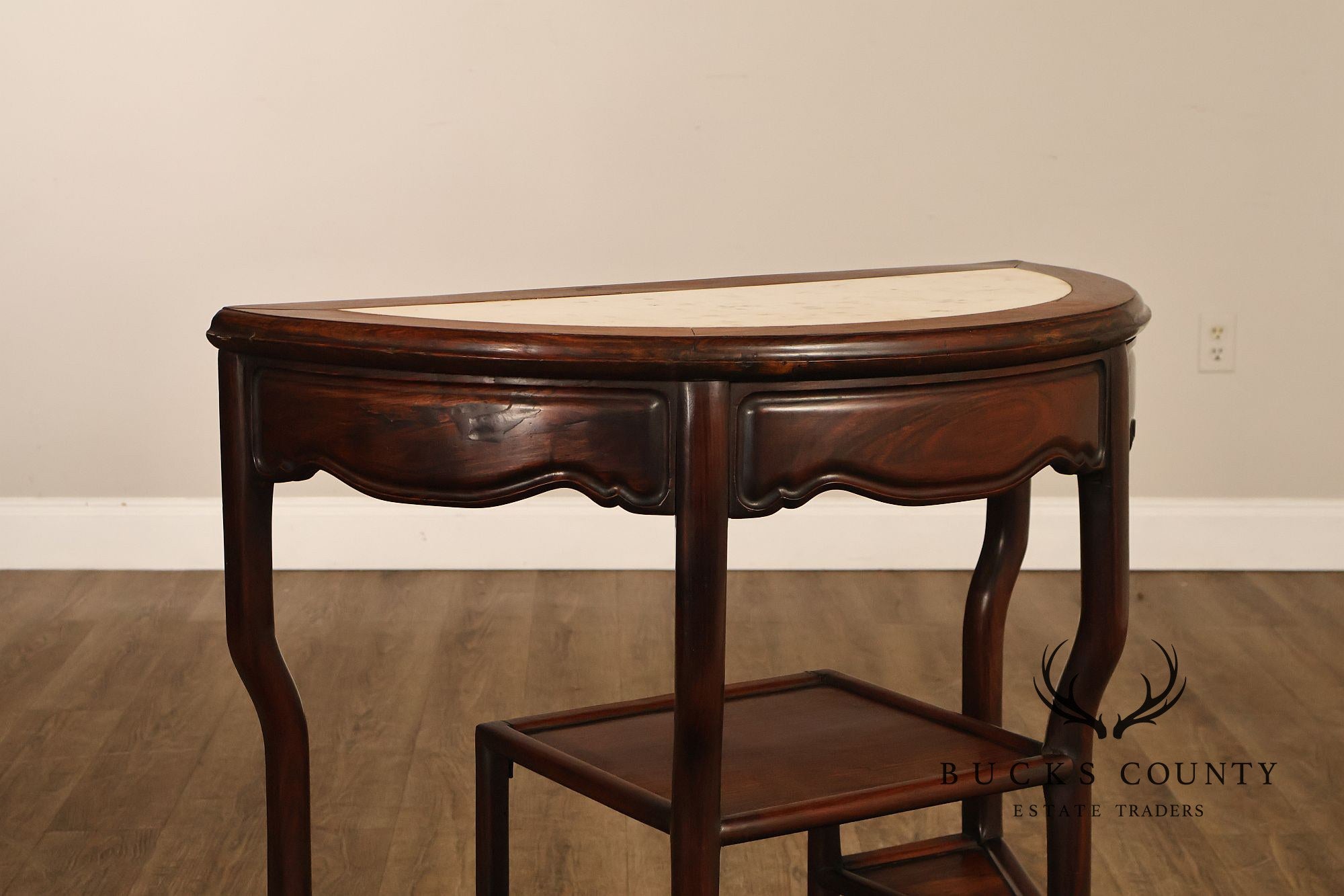 Asian Style Demilune Marble Top Side Table With Tiered Shelves