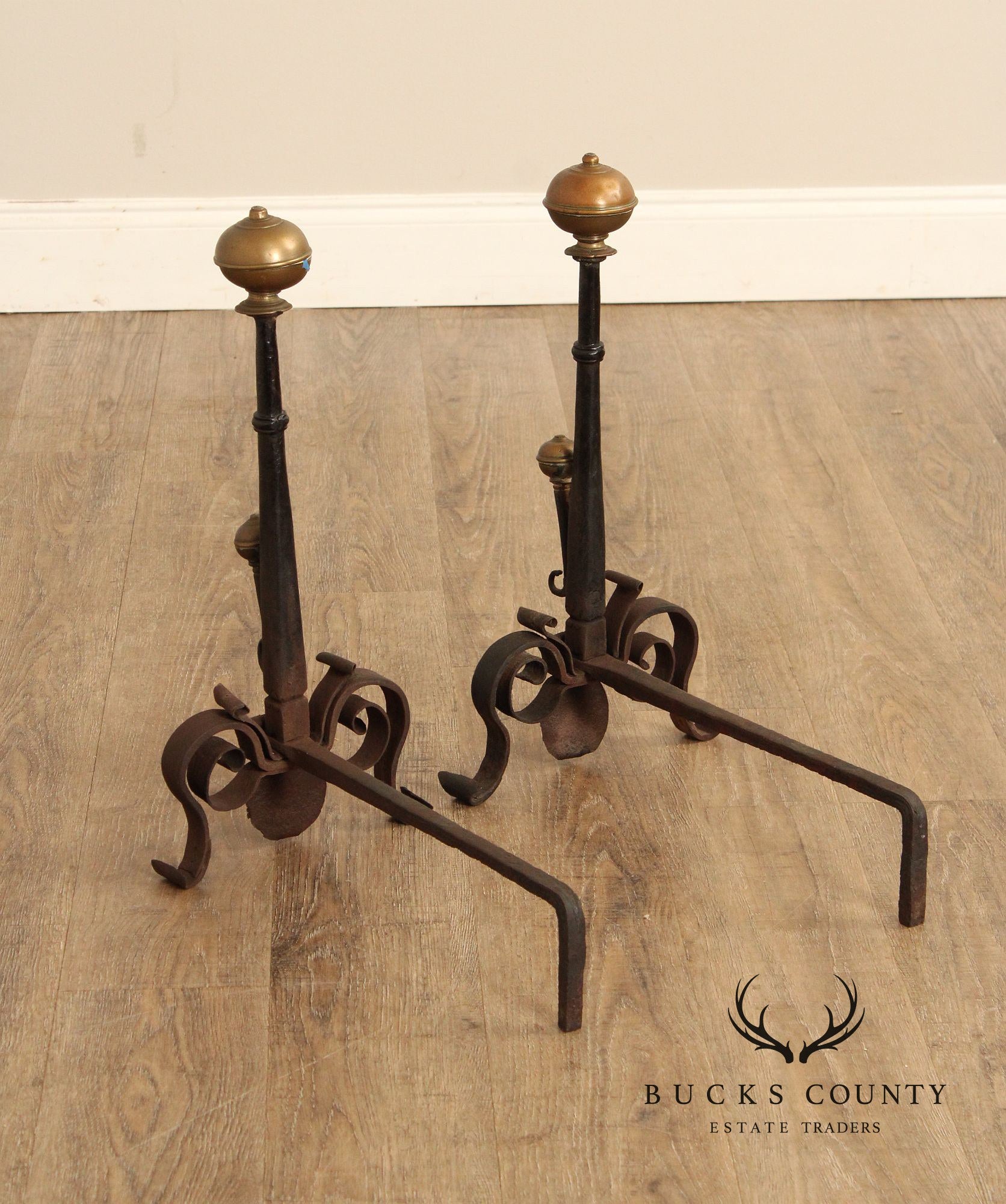 Antique Pair of Forged Iron and Brass Fireplace Andirons