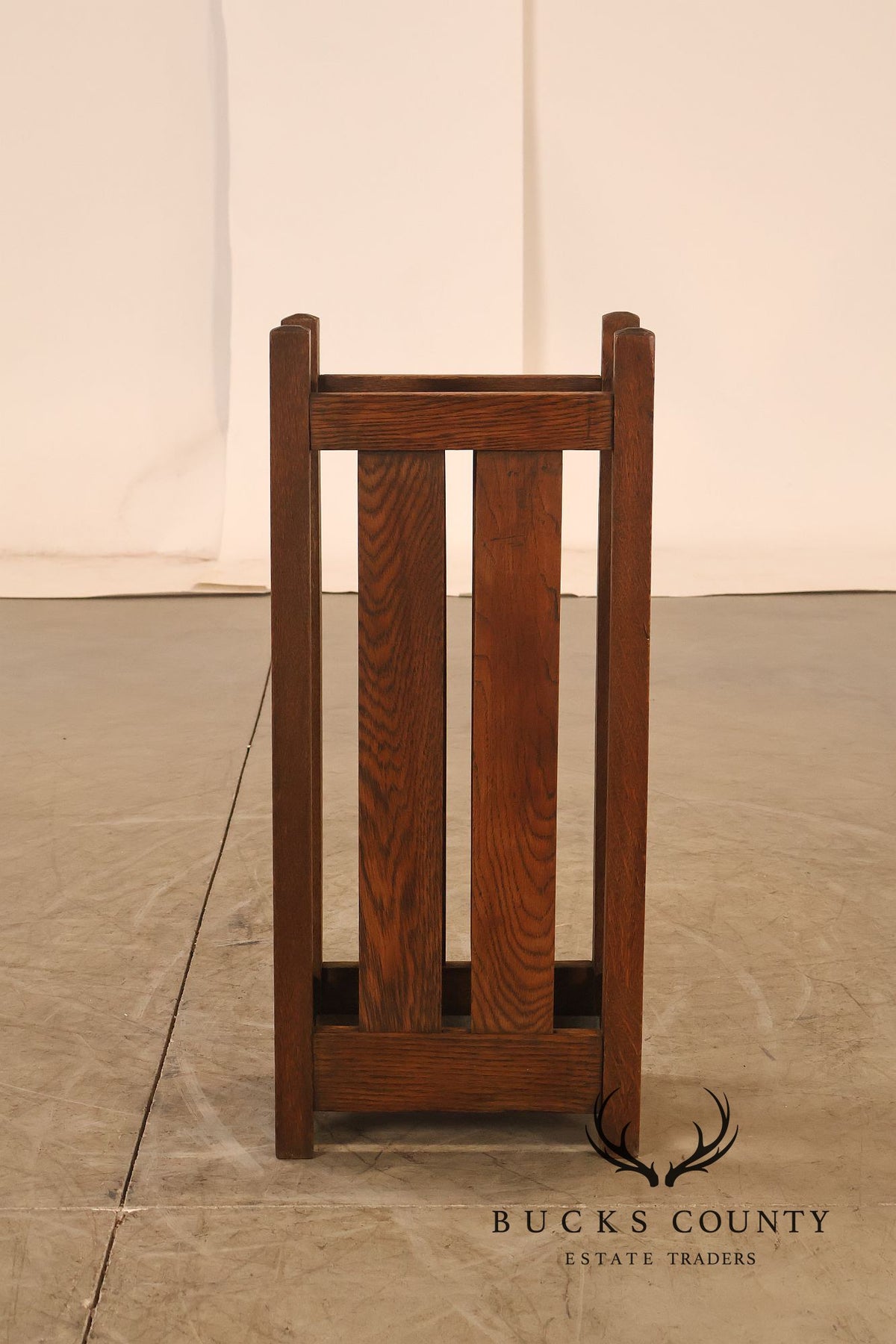 Antique Arts And Crafts Mission Oak Umbrella Stand With Drip Pan