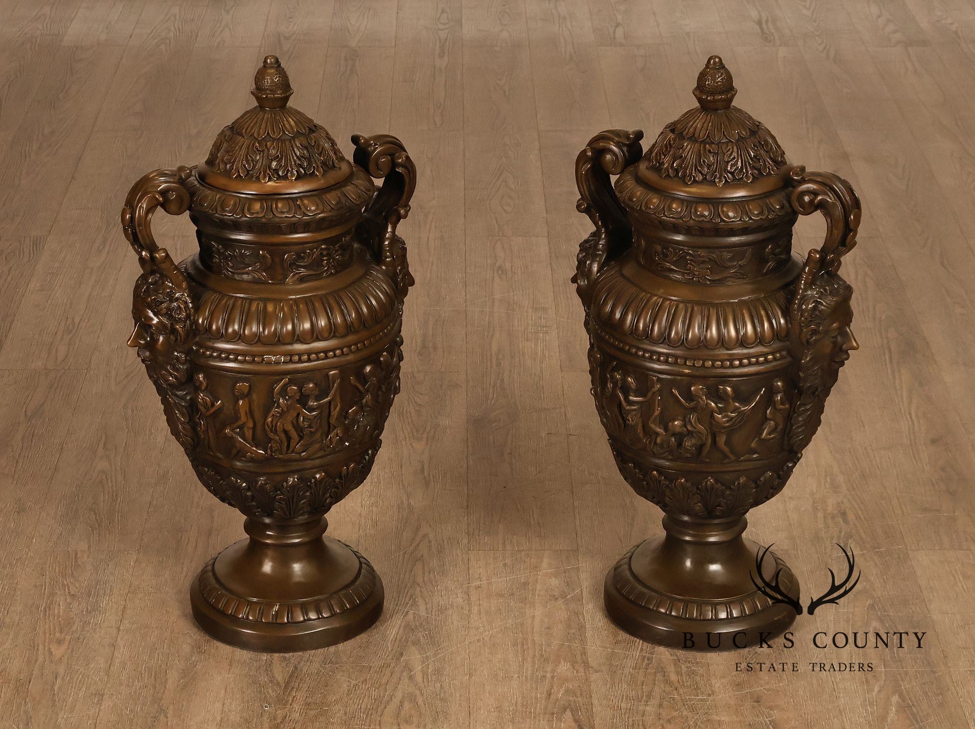 Neoclassical Style Large Pair Of Cast Bronze Covered Urns With Figural Relief